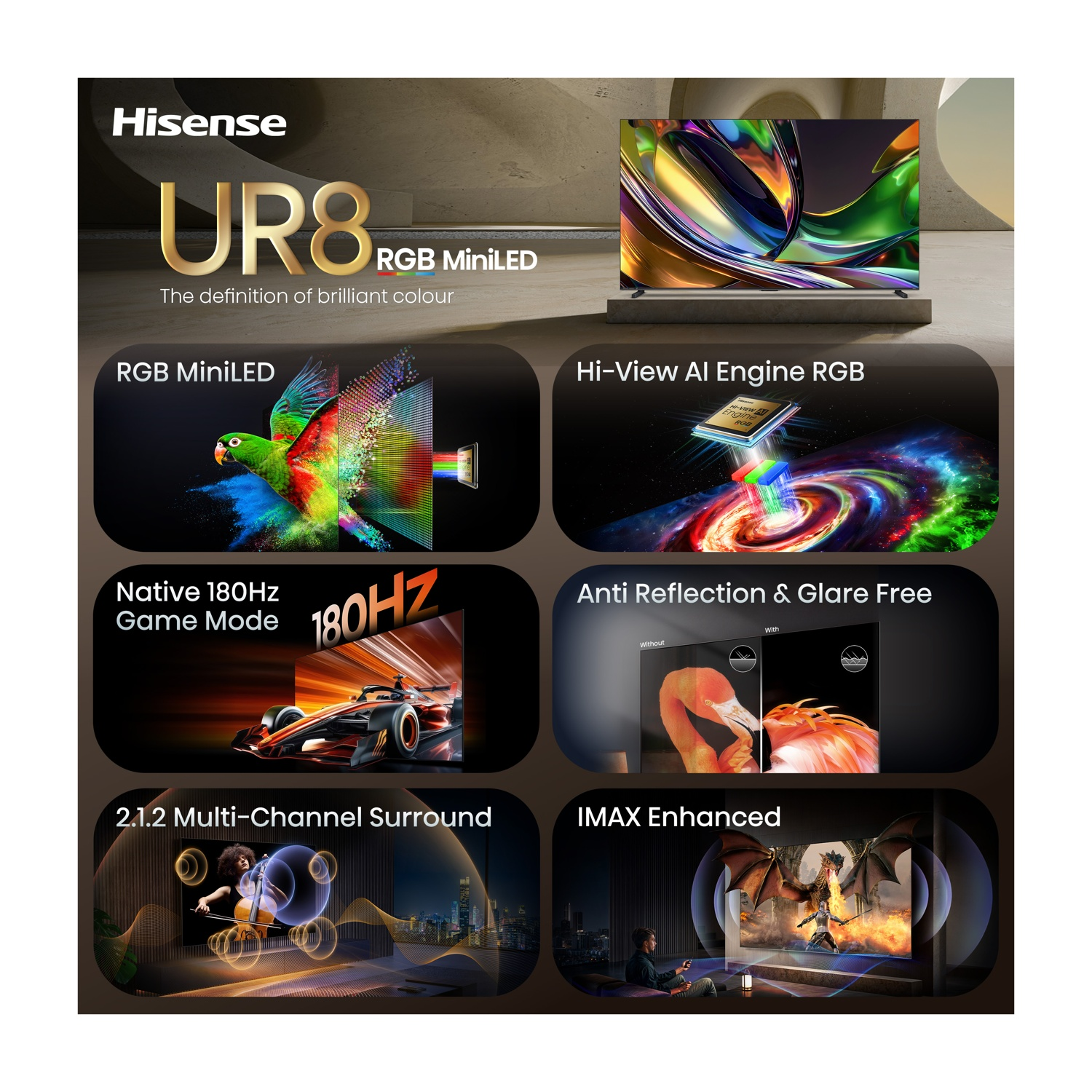 TV Hisense UR8 RGB MiniLED con motore AI, 180Hz, antiriflesso e IMAX.