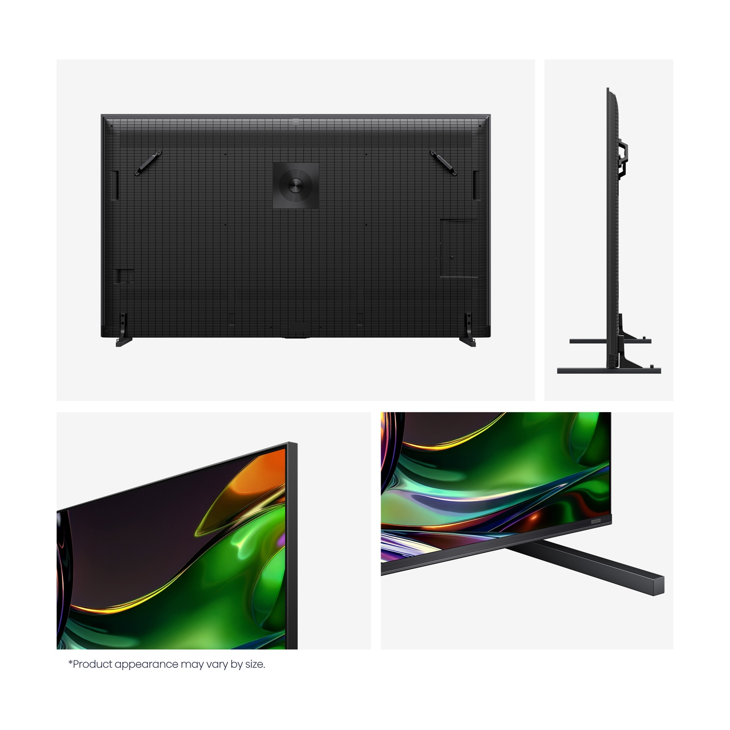 Vista posteriore e laterale di un TV nero con supporto e schermo.
