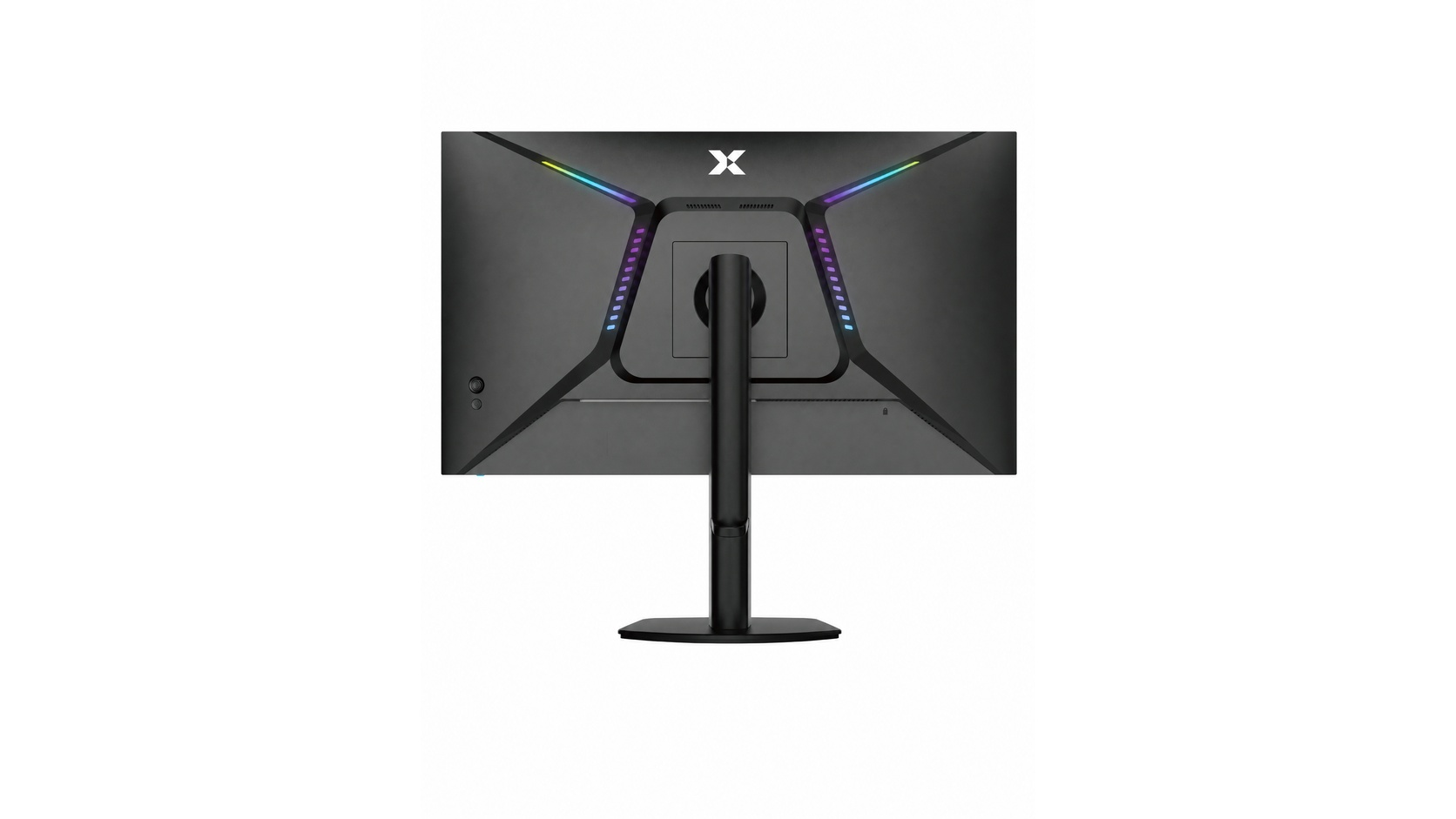 RGB aydınlatmalı ve merkezi stantlı siyah monitörün arkası.