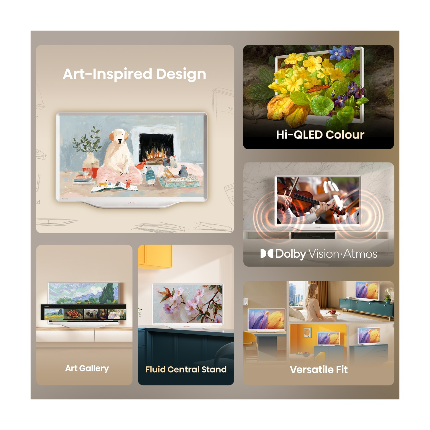 Collage di funzionalità TV: design artistico, Hi-QLED, Dolby Vision, galleria, supporto e adattabilità.