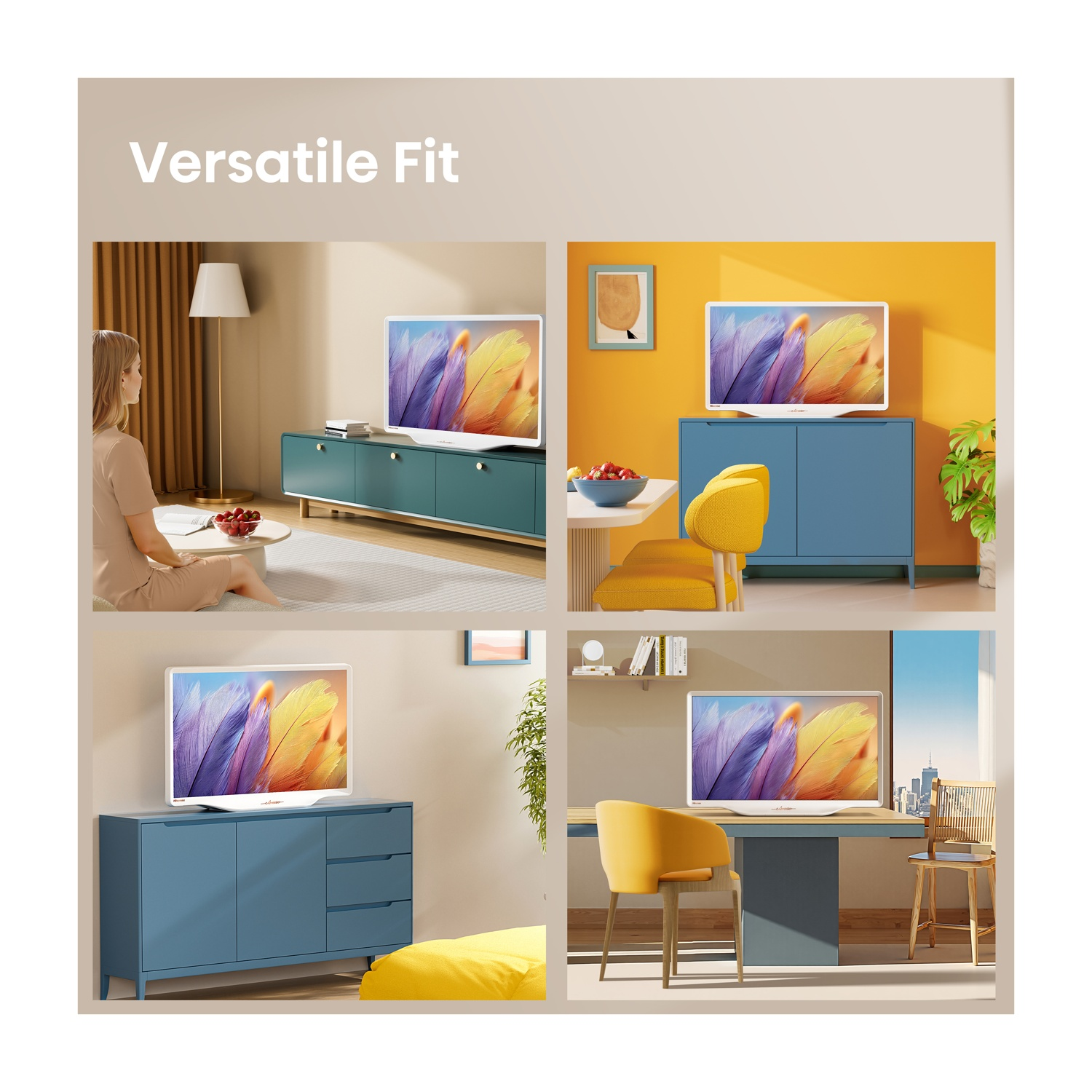 Quattro scene mostrano una TV bianca su vari mobili.