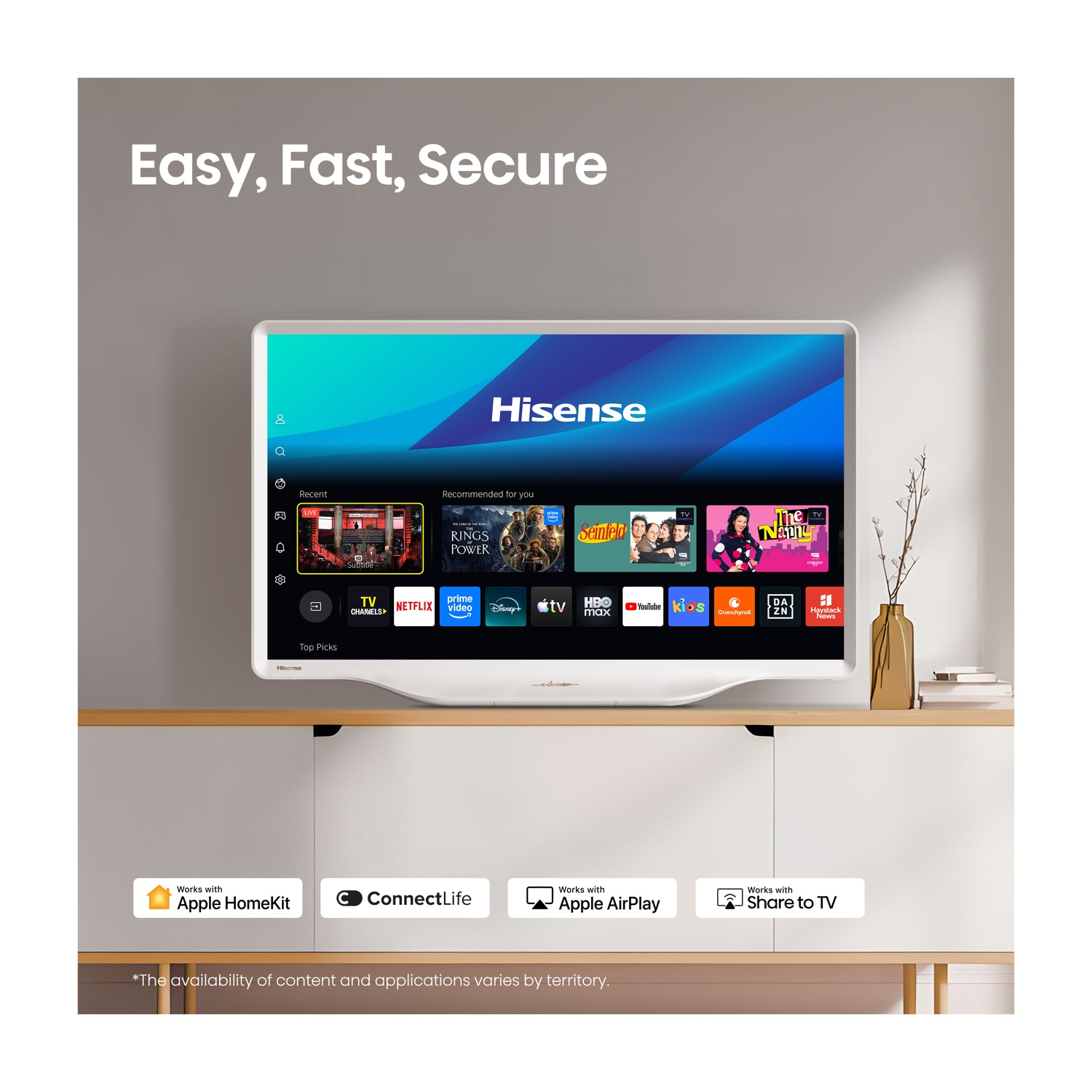 Una Smart TV Hisense che mostra la sua interfaccia con app come Netflix e YouTube.