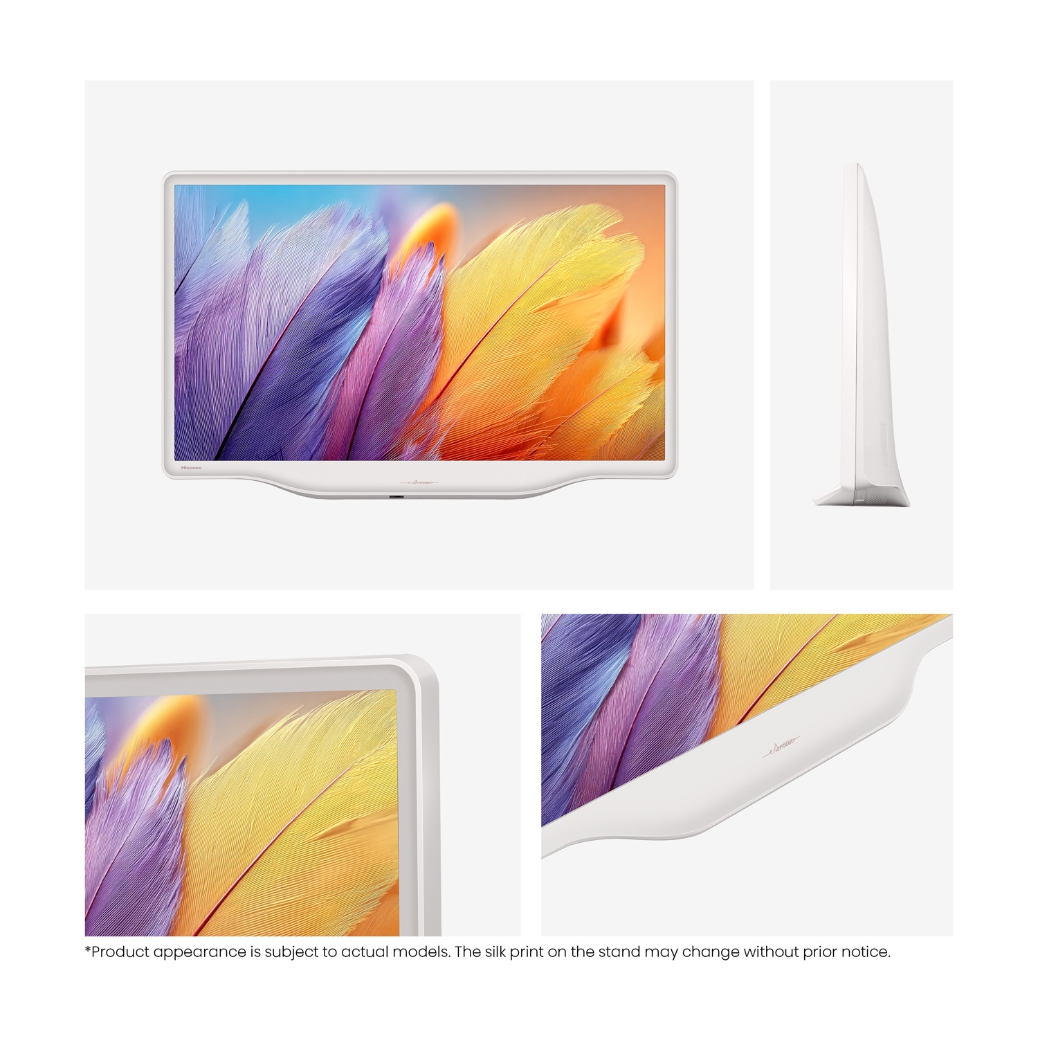 Una TV bianca che mostra piume colorate, vista frontalmente, di lato e da vicino.