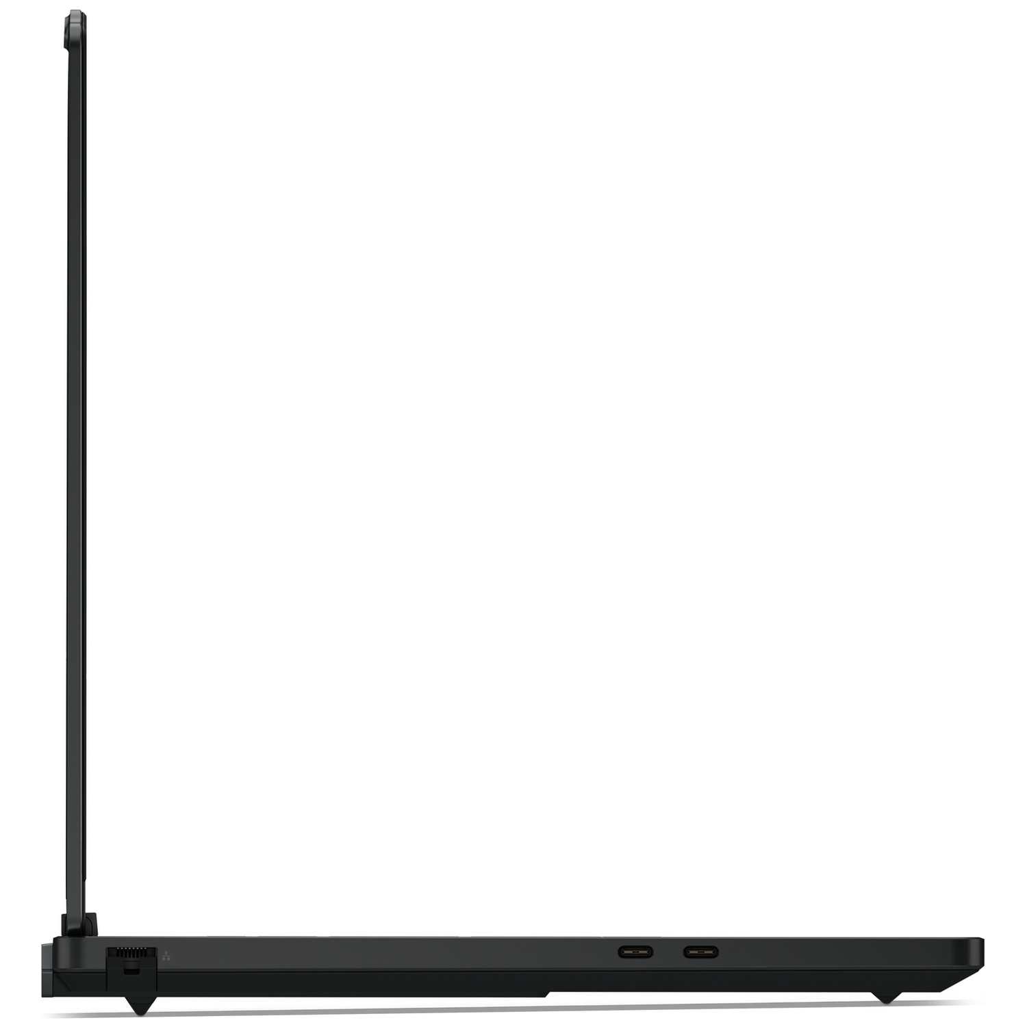Zijaanzicht van een zwarte laptop met USB-C poorten en ventilatie.