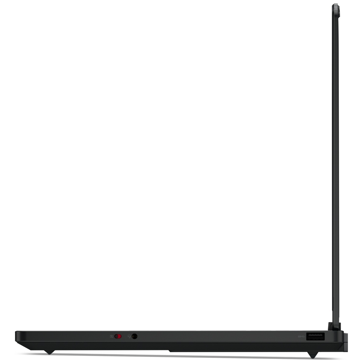 Zijaanzicht van een zwarte laptop met poorten en een aan/uit-knop.