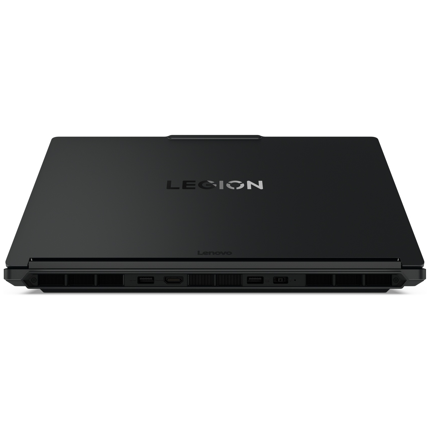 Zwarte laptop met "LEGION" en "Lenovo" logo's. Ventilatieroosters en poorten zichtbaar.