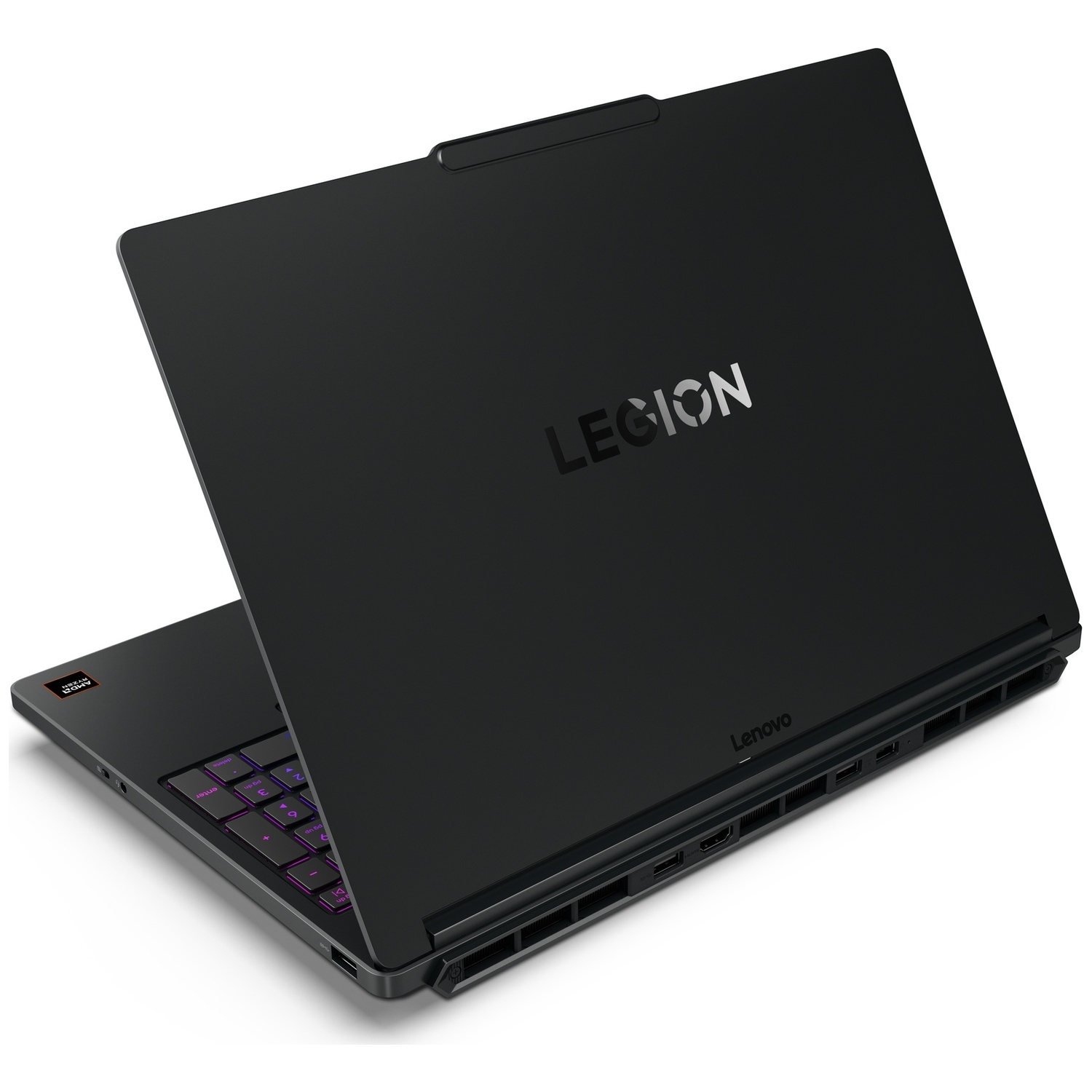 Zwarte laptop met open deksel, Legion-logo, toetsenbord met paarse achtergrondverlichting.