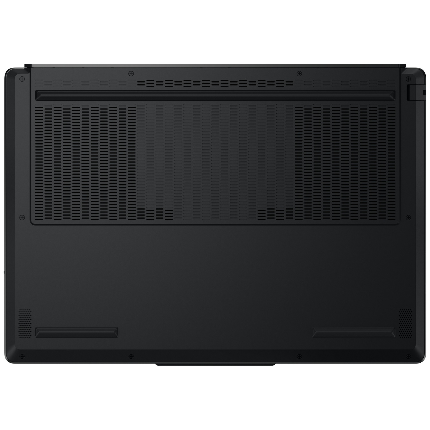 Onderkant van een zwarte laptop met ventilatieopeningen en schroeven.