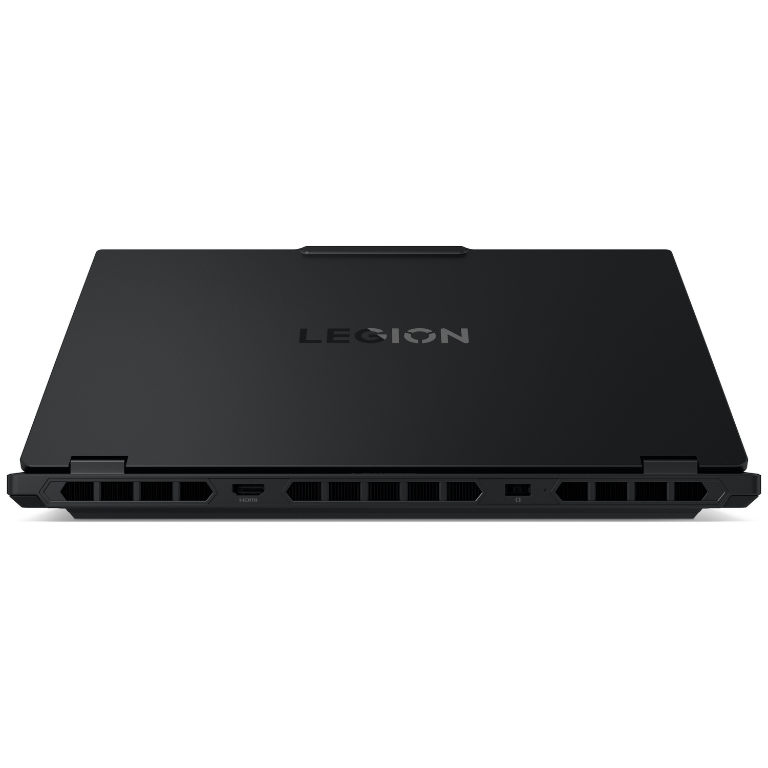Ordinateur portable noir avec logo "LEGION". Ouïes et ports visibles sur le côté.