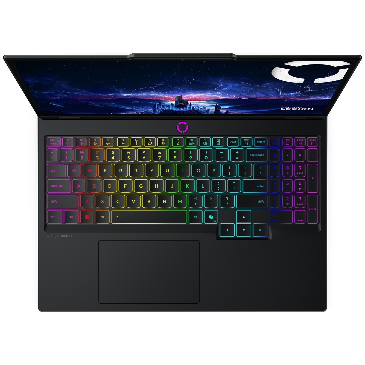 Un ordinateur portable noir avec clavier rétroéclairé et une image à l'écran.