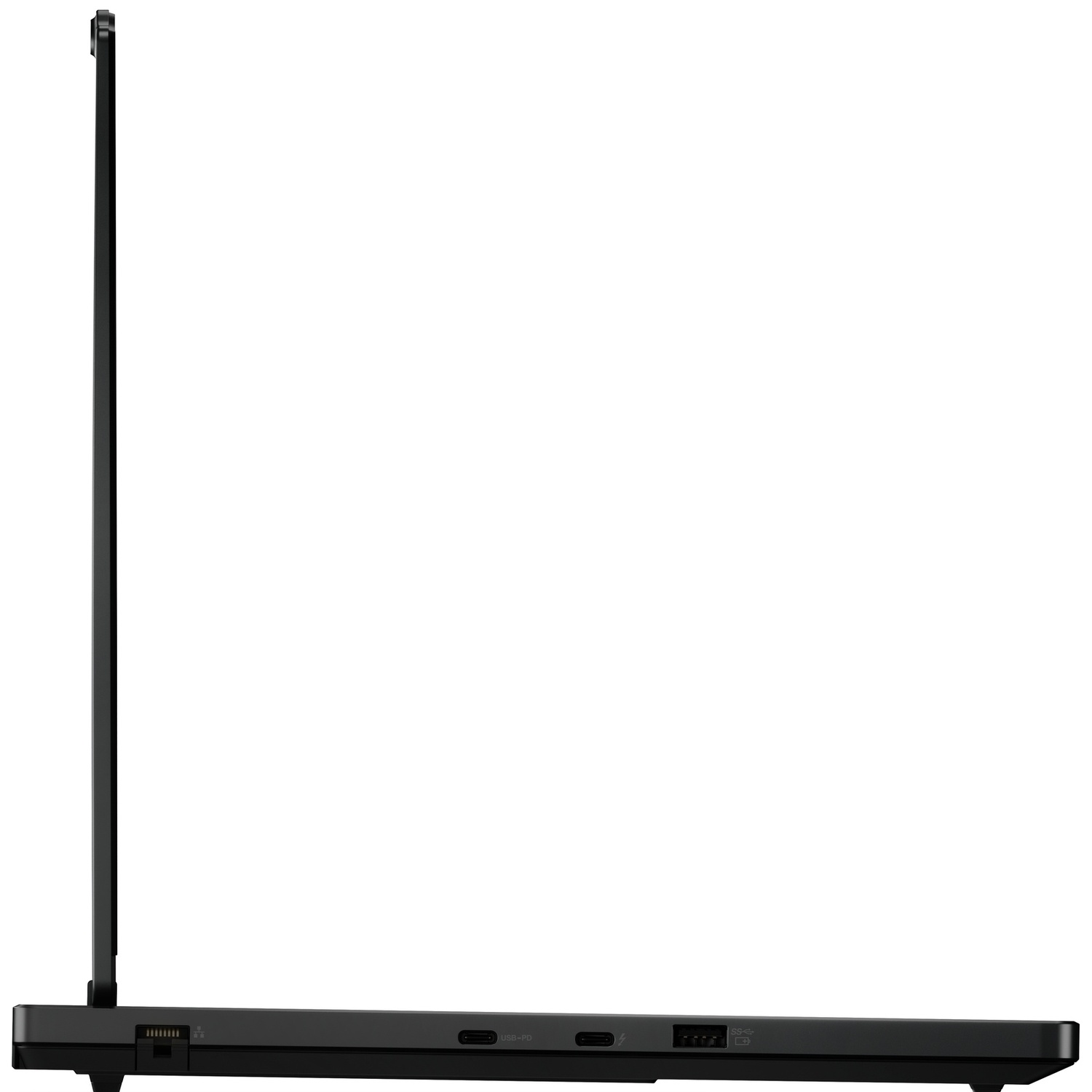 Ordinateur portable noir et fin en profil latéral, avec ports USB.