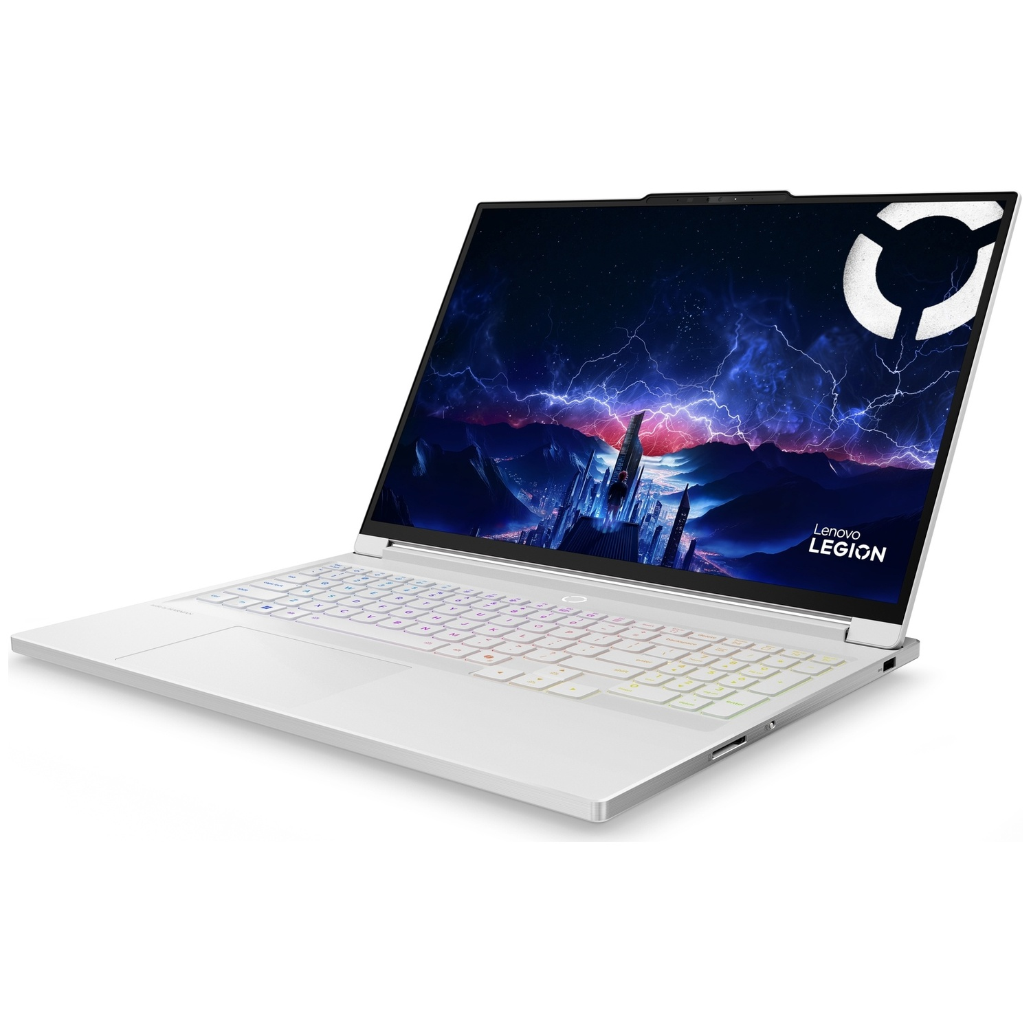 Witte Lenovo Legion laptop met futuristisch stadslandschap en bliksembehang.