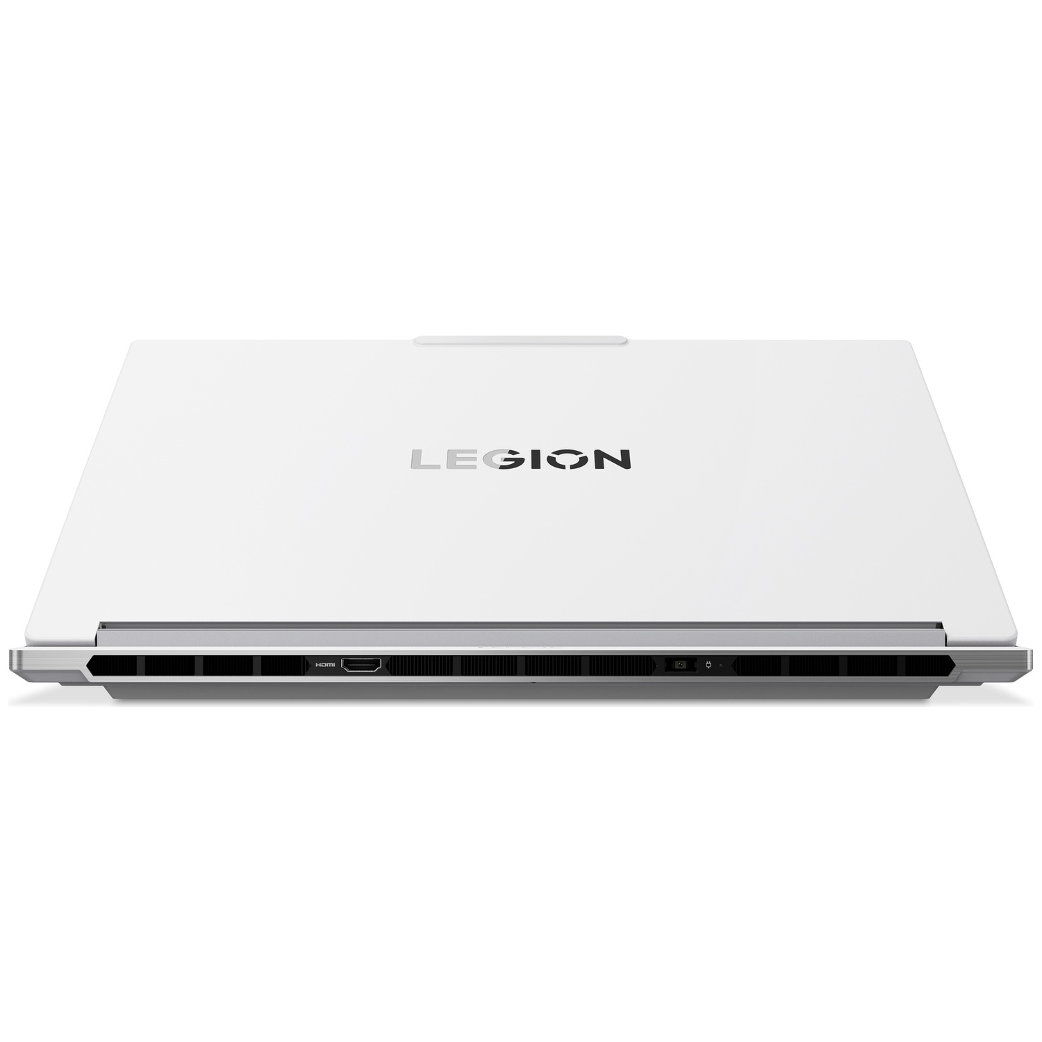 Gesloten witte laptop met Legion-logo en poorten aan de zijkant.
