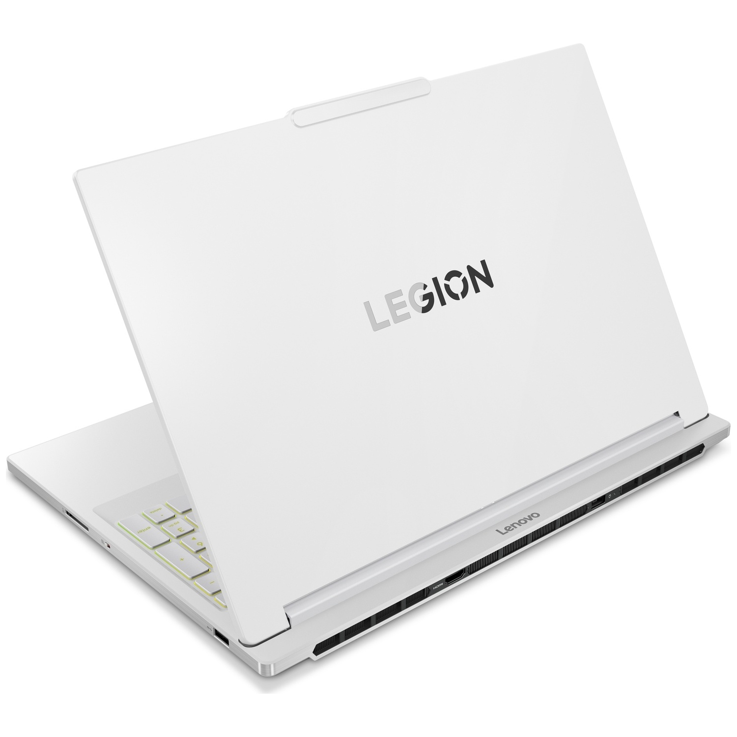 Witte Lenovo Legion laptop met verlichte toetsen en zichtbare poorten.