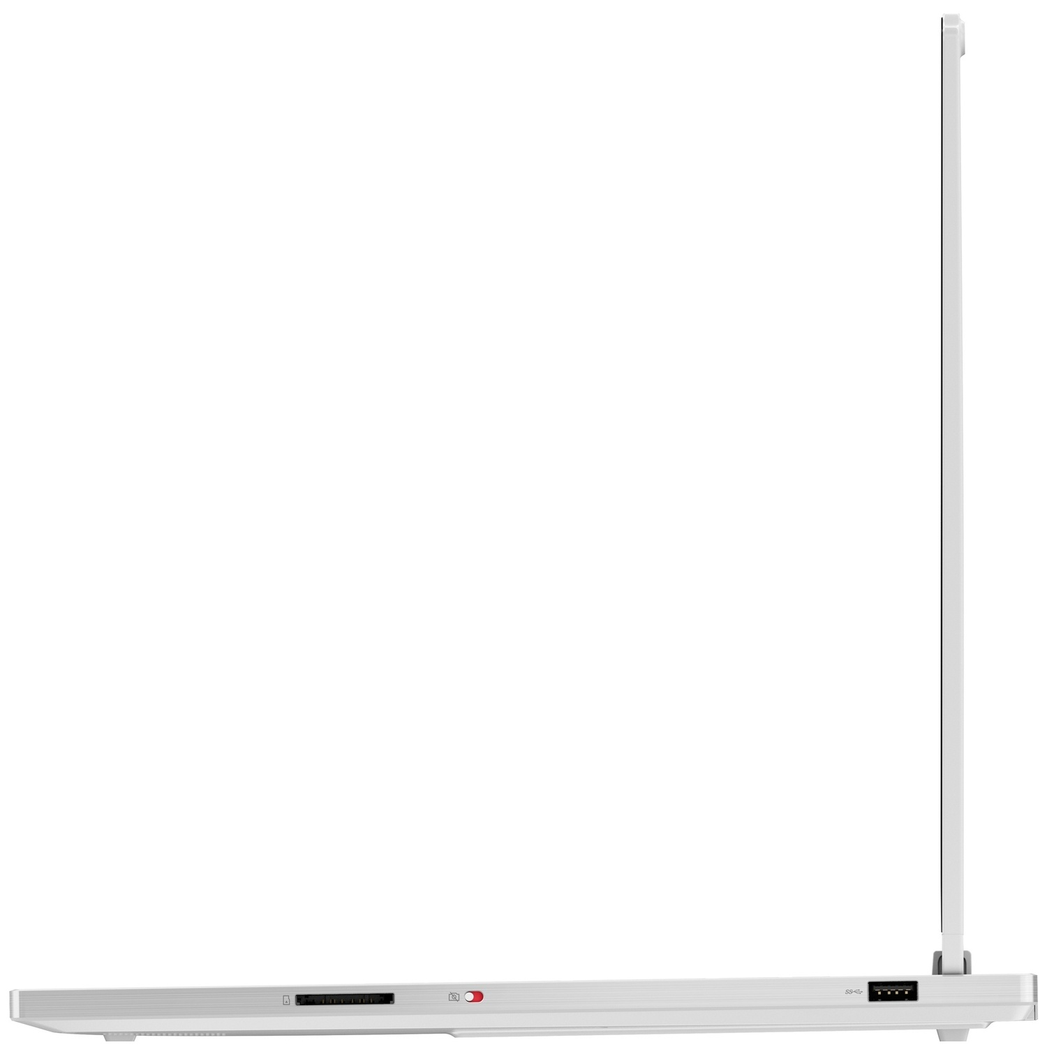 Zijaanzicht van een witte laptop met poorten: SD-kaartlezer, USB en stroomindicator.