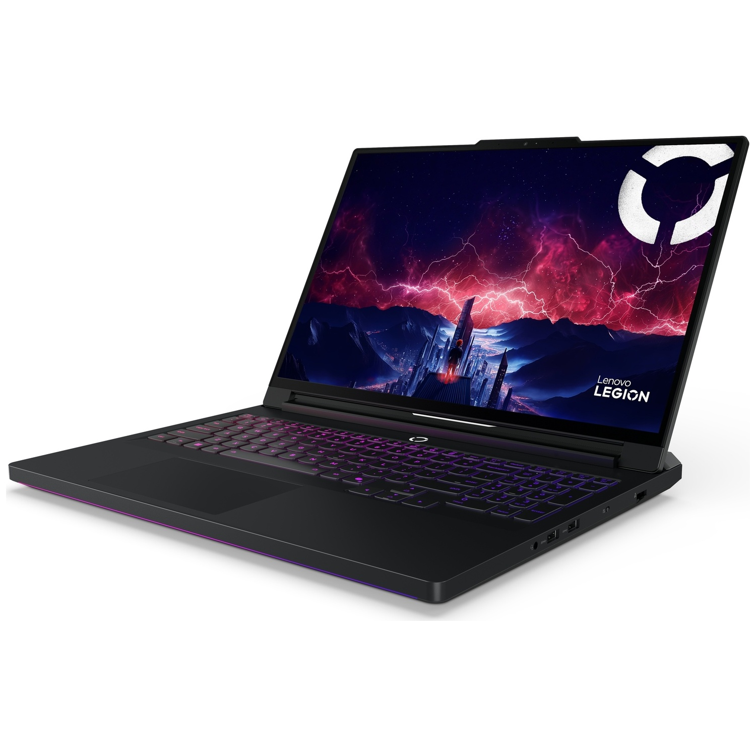 Ordinateur portable noir avec clavier rétroéclairé et fond d'écran futuriste.