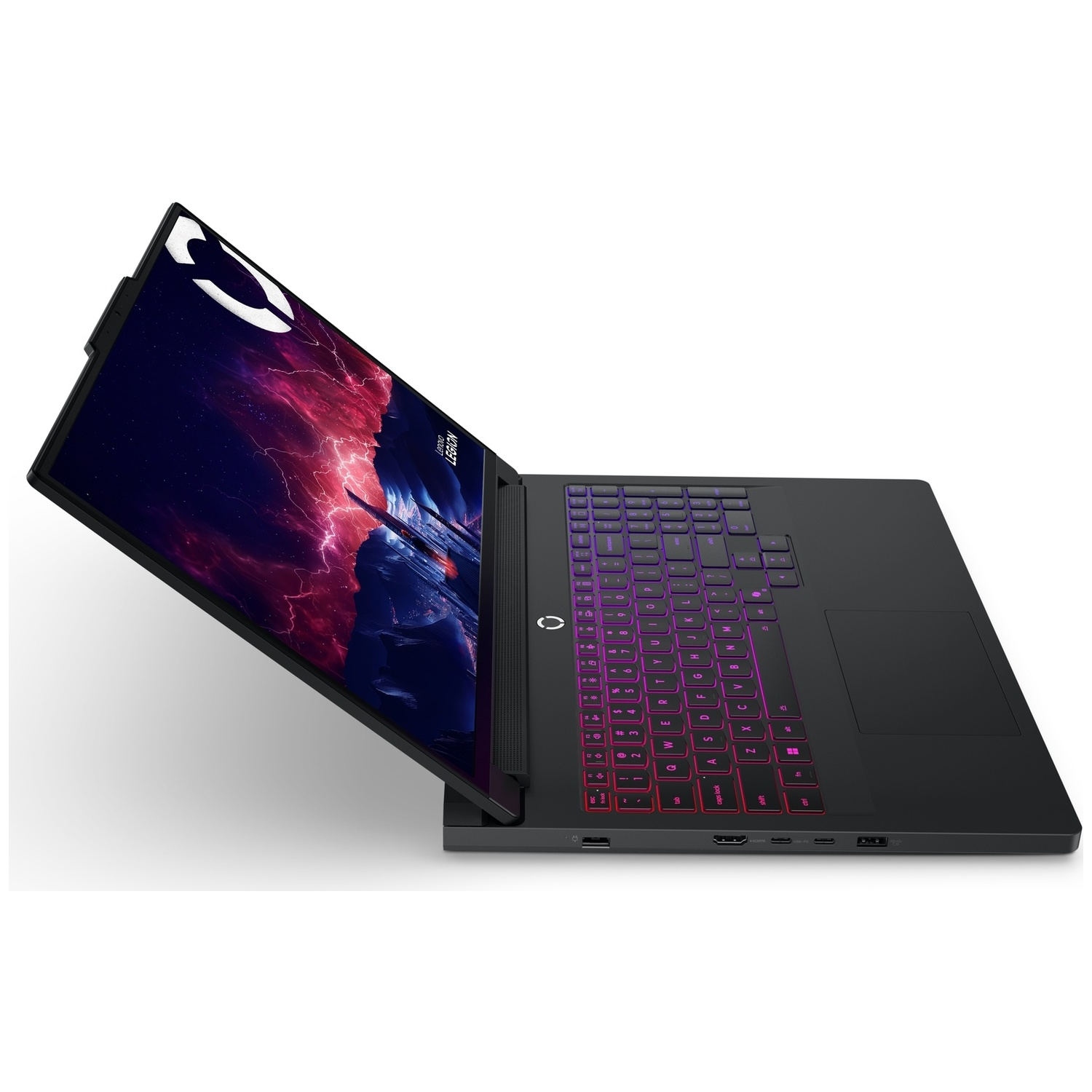 Ordinateur portable noir avec clavier rétroéclairé et fond d'écran cosmique.