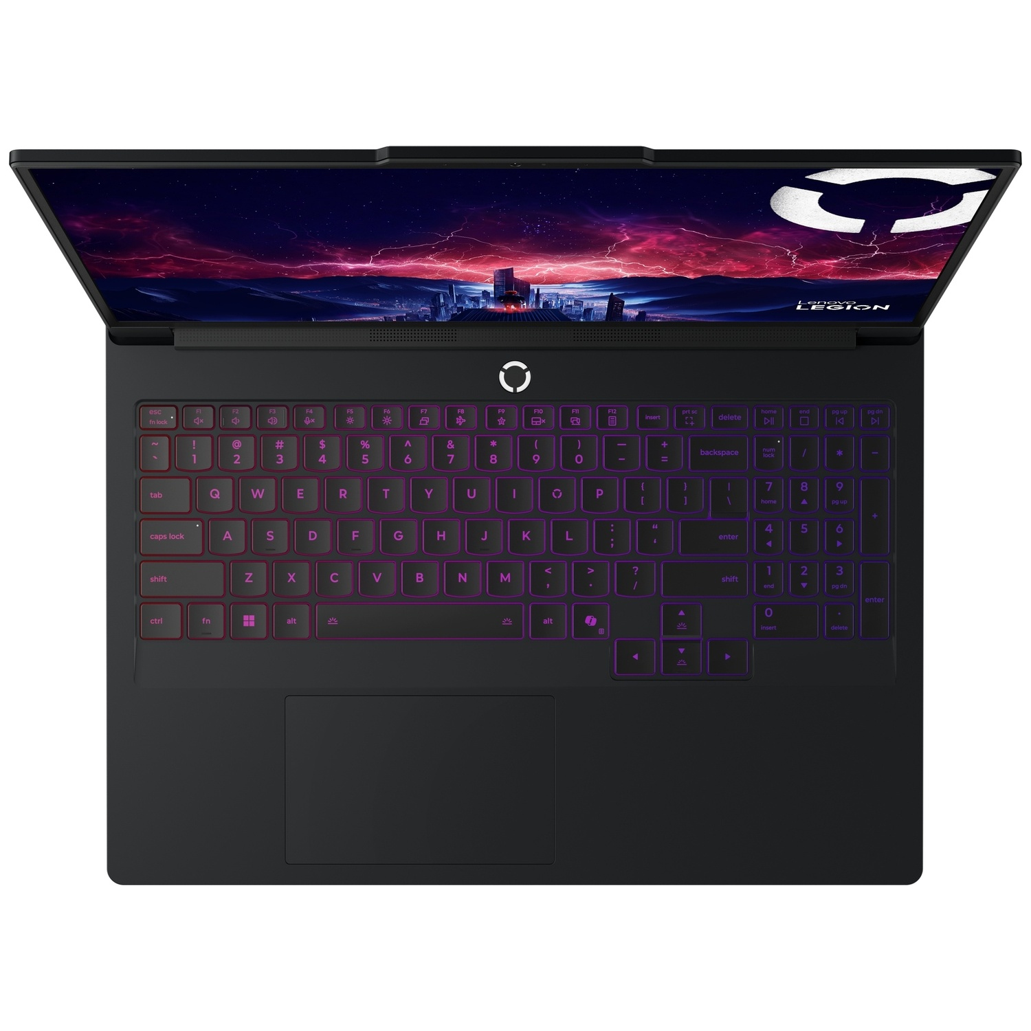 Un ordinateur portable noir Lenovo Legion est ouvert, affichant une ligne d'horizon urbaine futuriste.