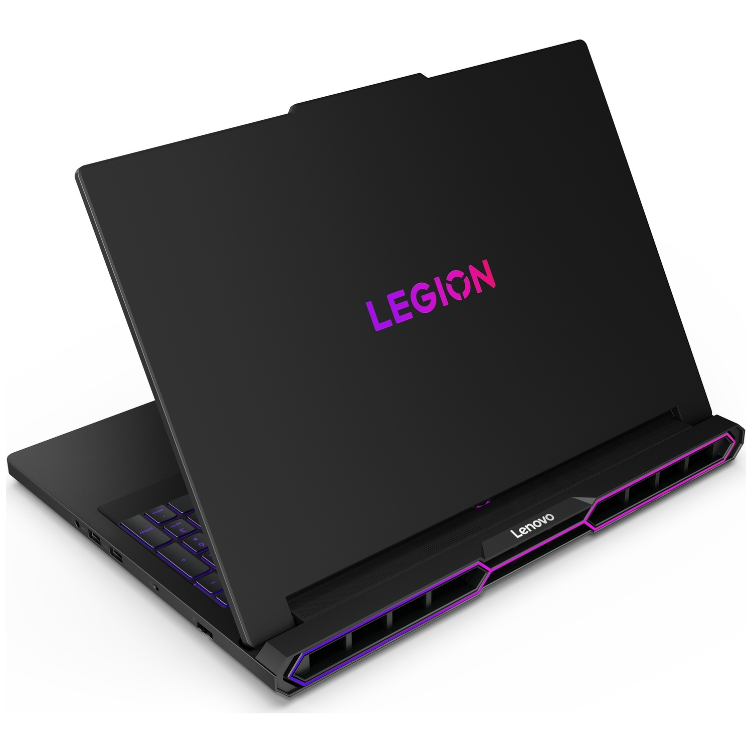 Ordinateur portable gamer noir avec logo et clavier 'LEGION' éclairés en violet.