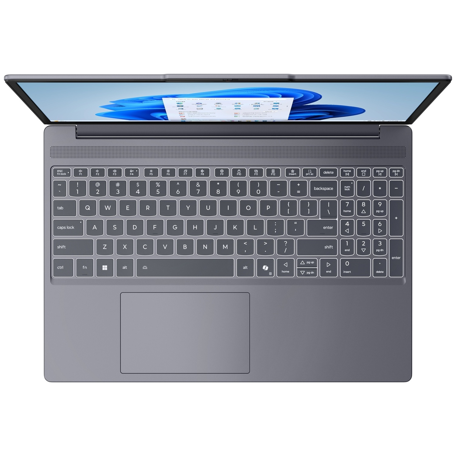 Een grijze laptop met open scherm, waarop Windows 11 wordt weergegeven.