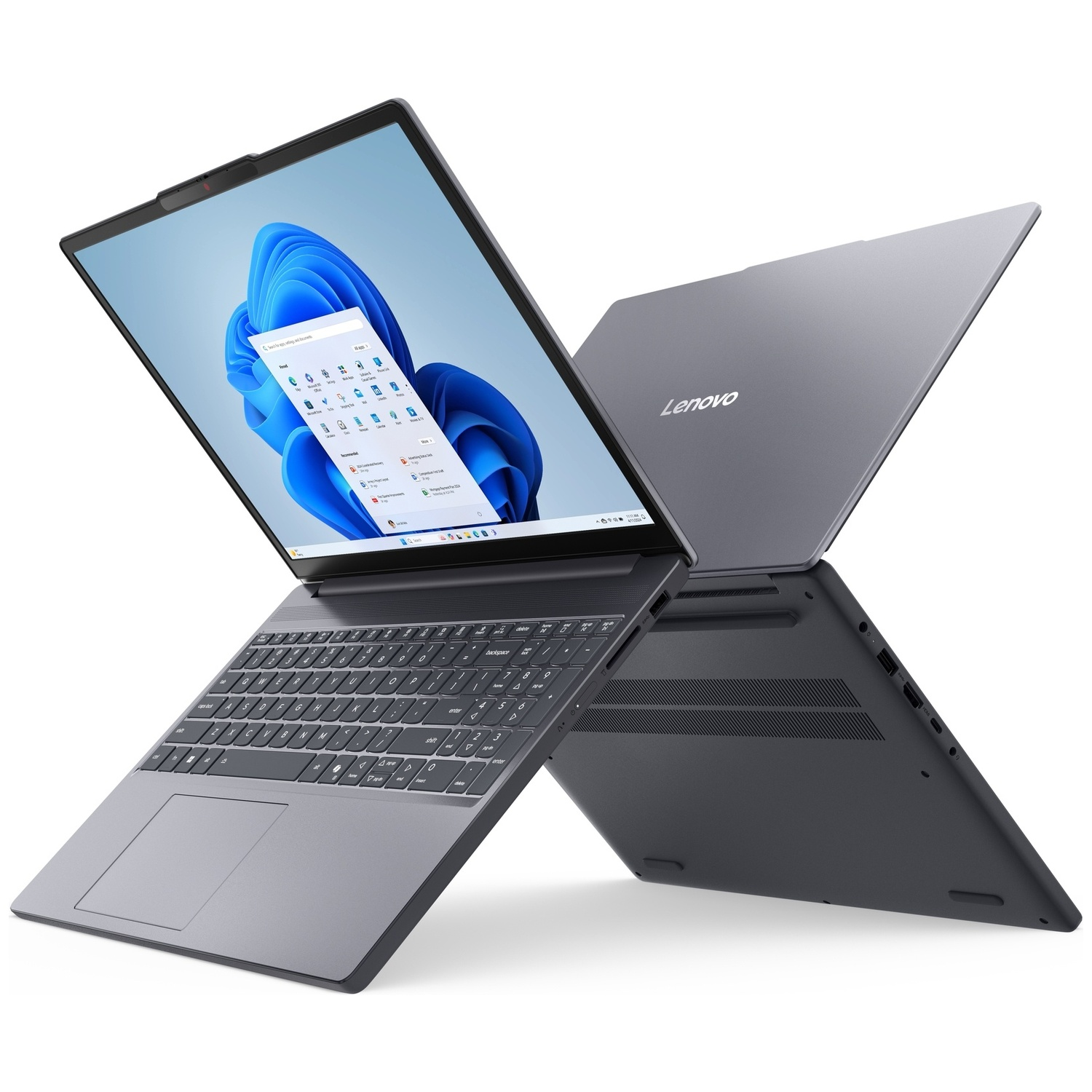 Een open, grijze Lenovo laptop met Windows 11. Het toetsenbord en touchpad zijn zichtbaar.