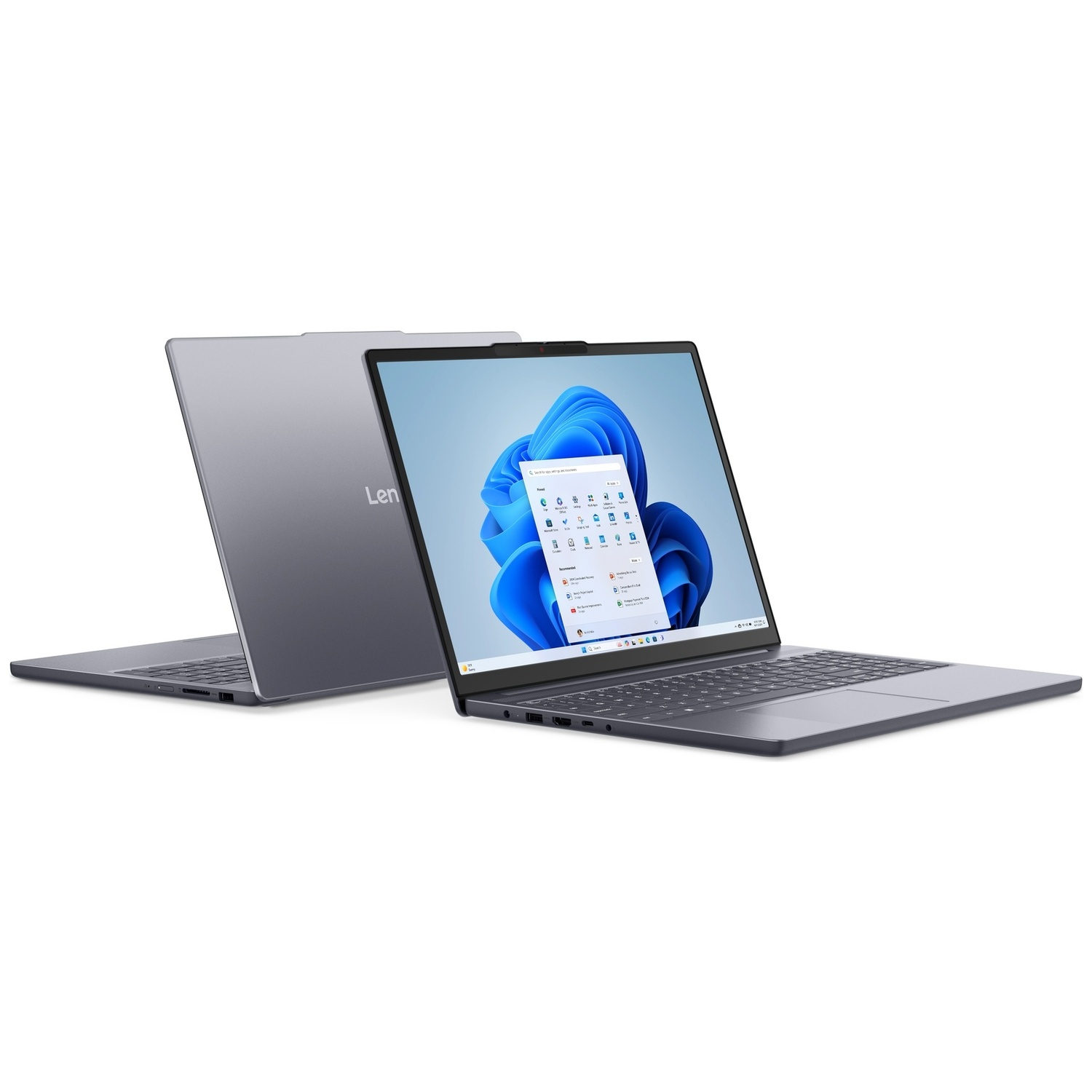 Twee grijze Lenovo laptops worden van de zijkant getoond. Eén is open en toont een Windows 11 desktop.
