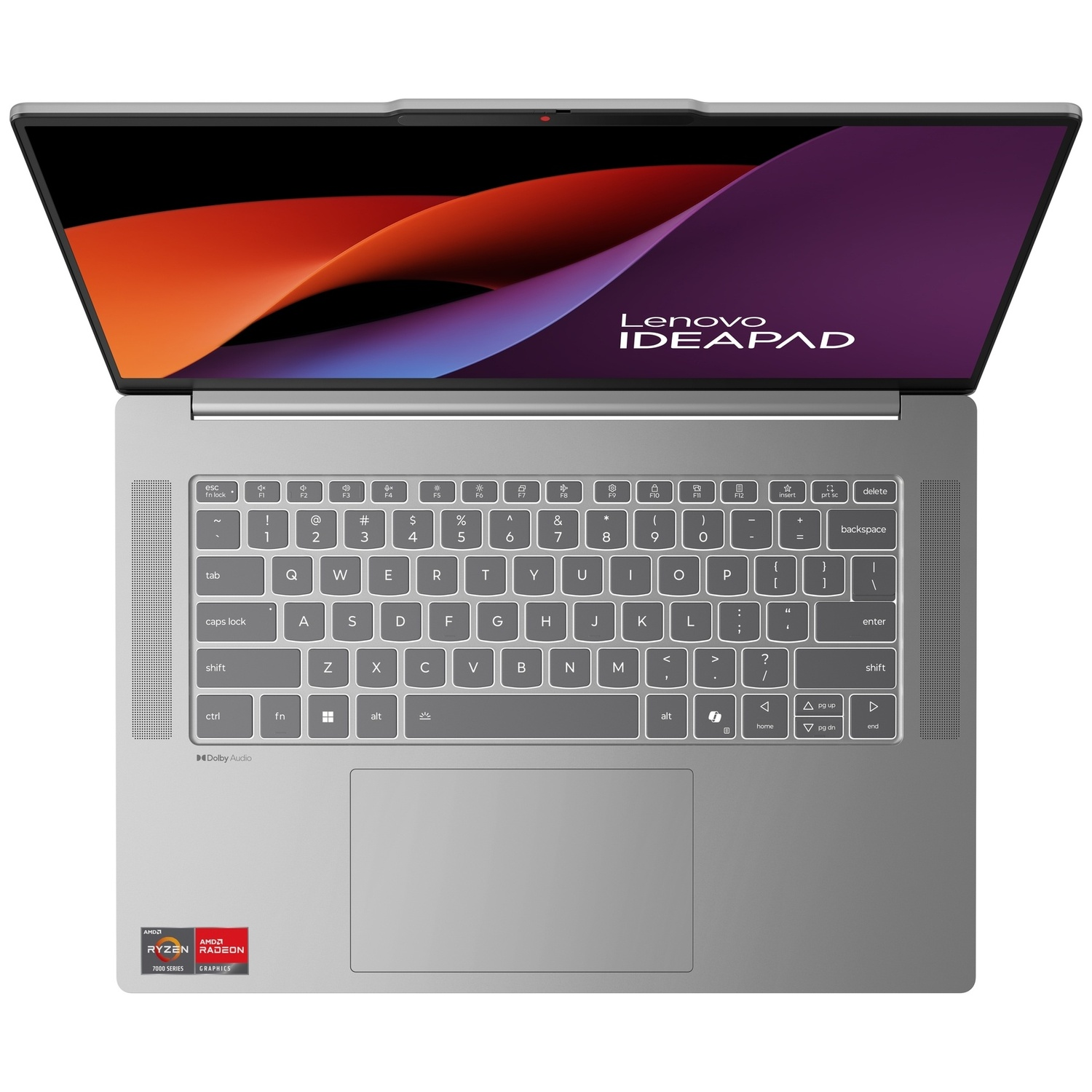 Un ordinateur portable Lenovo Ideapad argenté ouvert avec un fond d'écran abstrait.