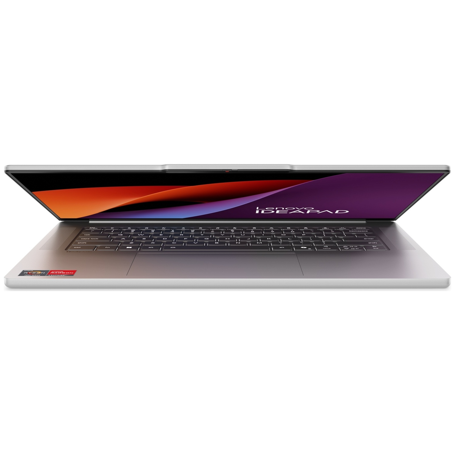 Ordinateur portable Lenovo Ideapad argenté ouvert, montrant clavier et écran abstrait coloré.