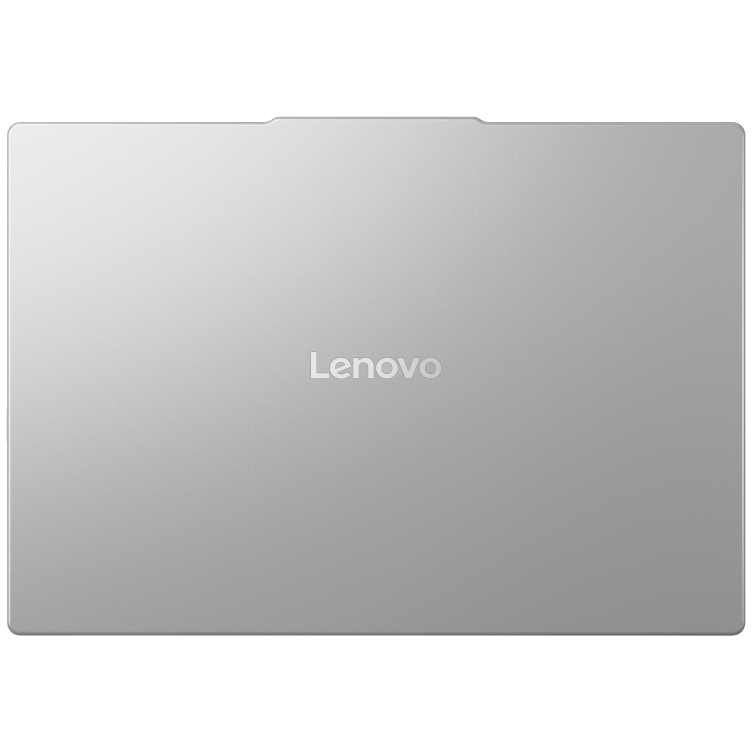 Un ordinateur portable argenté avec le logo Lenovo au centre.