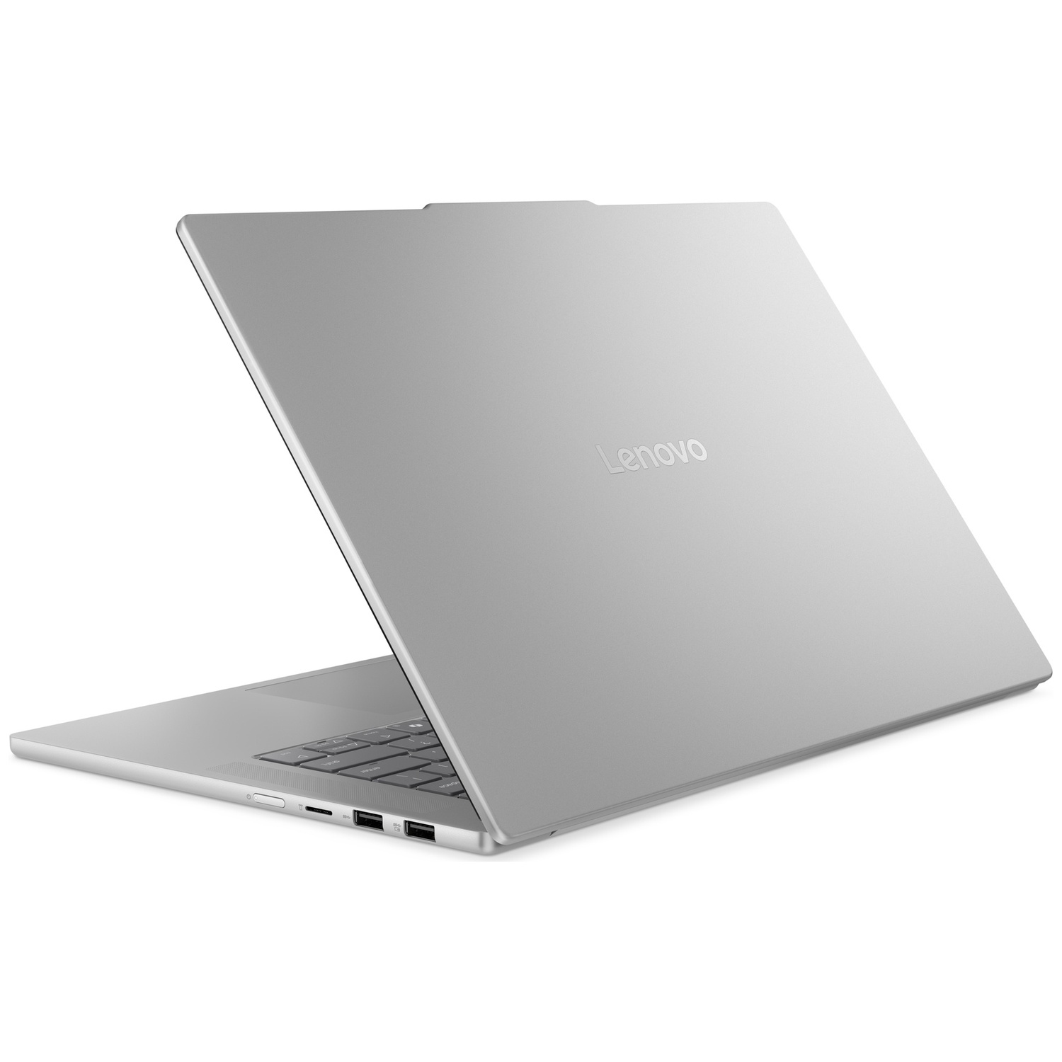 Un ordinateur portable Lenovo argenté ouvert sur fond blanc. L'arrière est visible.