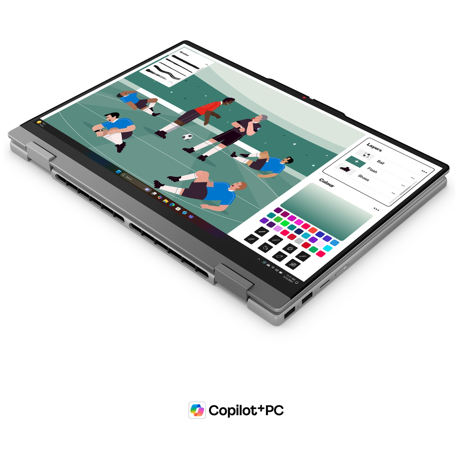 Ordinateur portable affichant une application de dessin avec des joueurs de foot, palette de couleurs et calques.