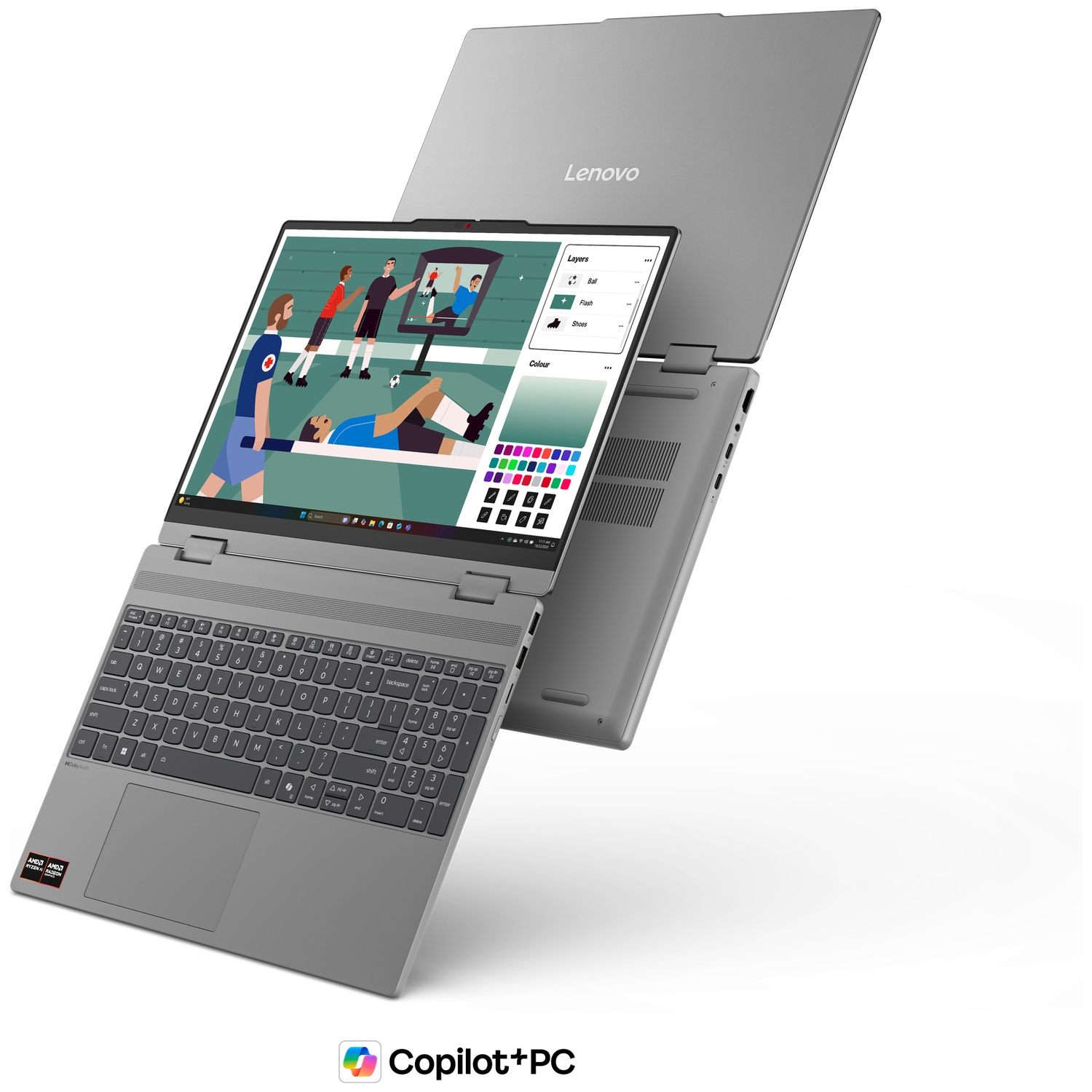 Un ordinateur portable Lenovo gris avec l'écran ouvert, affichant un dessin d'art numérique.