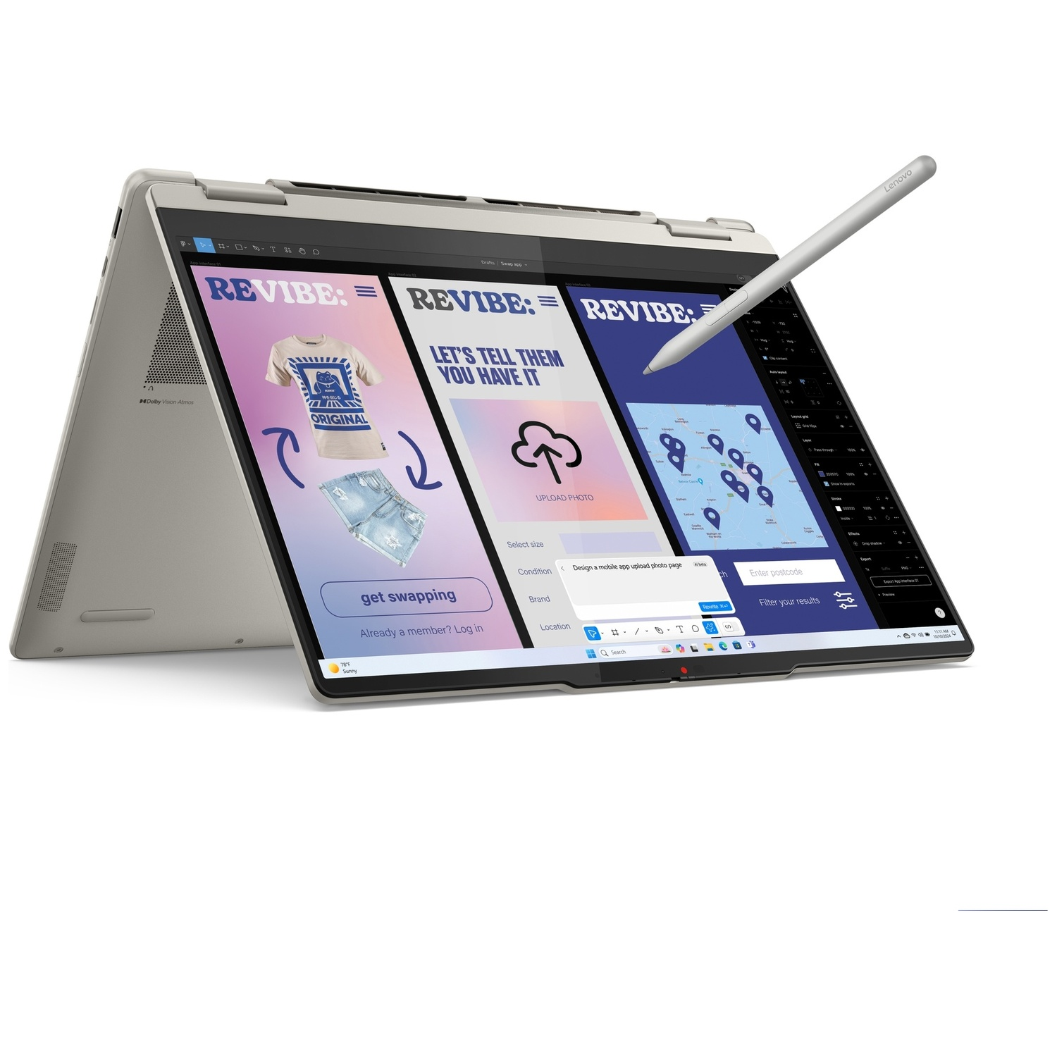 Un ordinateur portable Lenovo gris clair avec stylet, affichant une application de vêtements et de cartes.