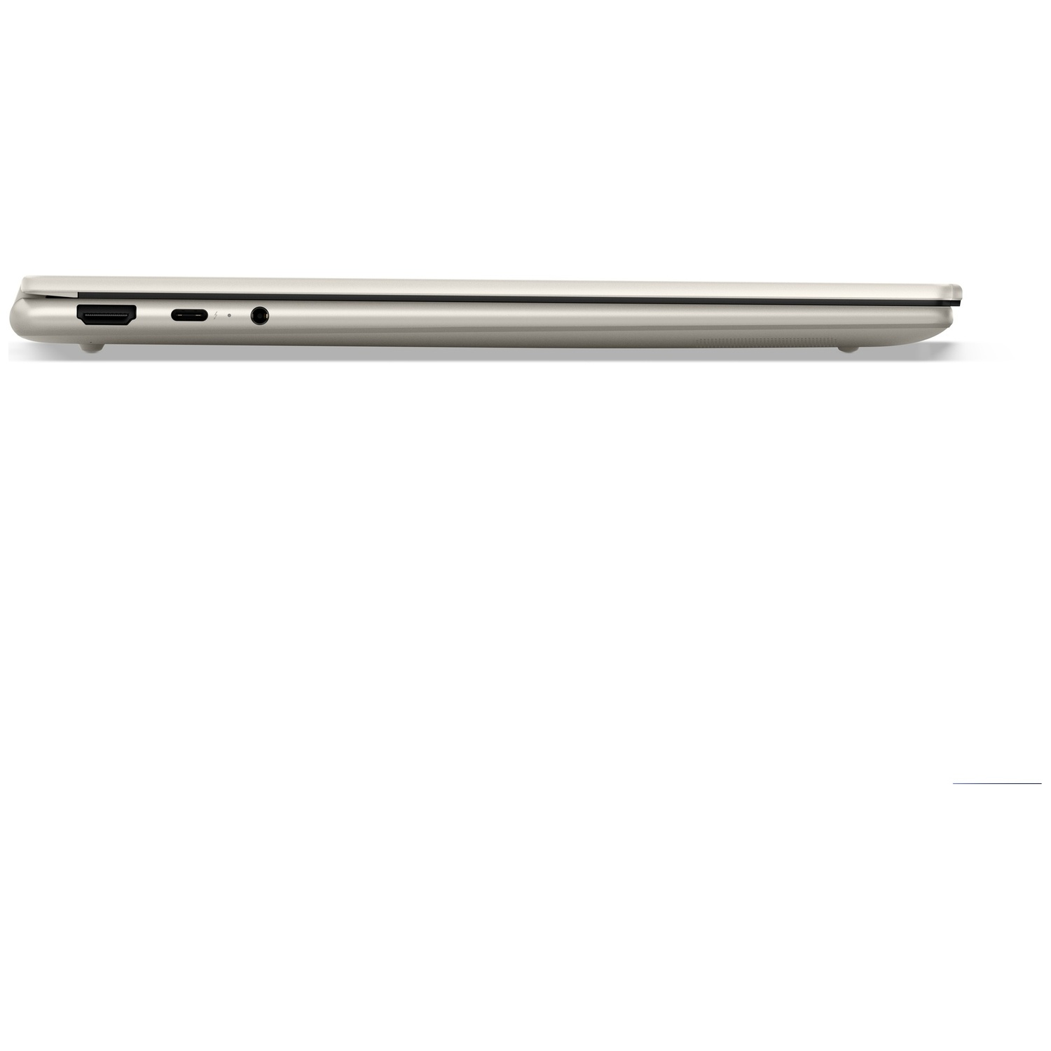 Vue latérale d'un ordinateur portable fin, beige clair, montrant les ports.