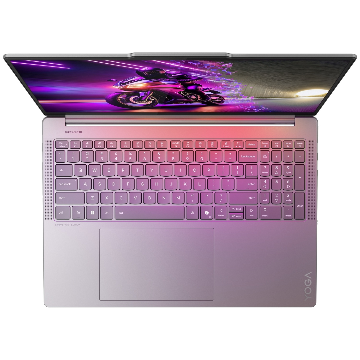 Un ordinateur portable violet ouvert avec clavier et écran affichant une moto.