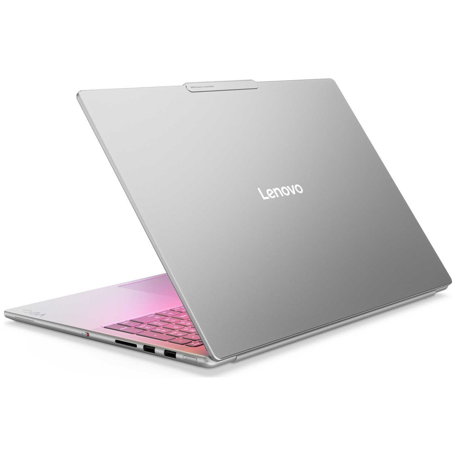 Ordinateur portable Lenovo Yoga argenté, ouvert, montrant clavier rose et lueur écran.