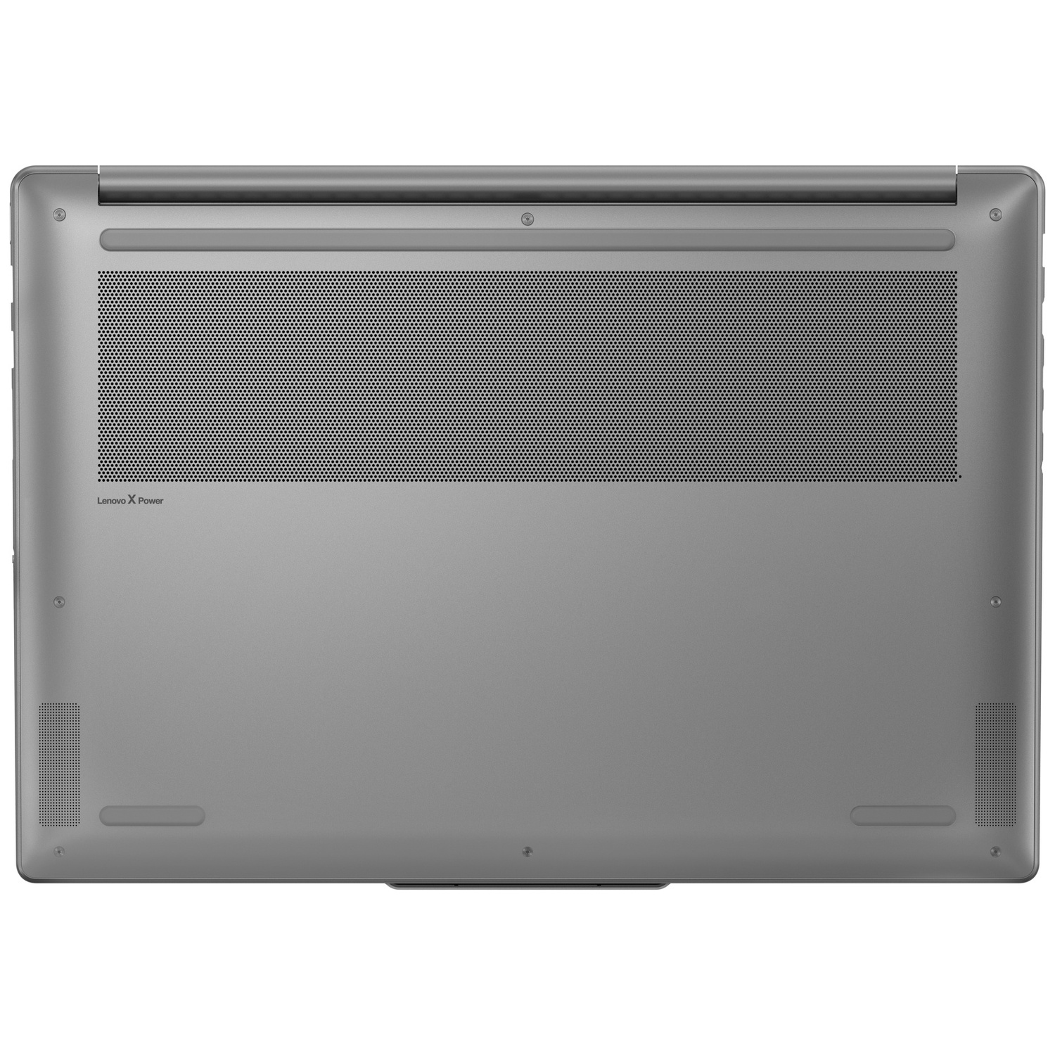 Dessous d'un ordinateur portable gris avec grille de ventilation et logo Lenovo X Power.