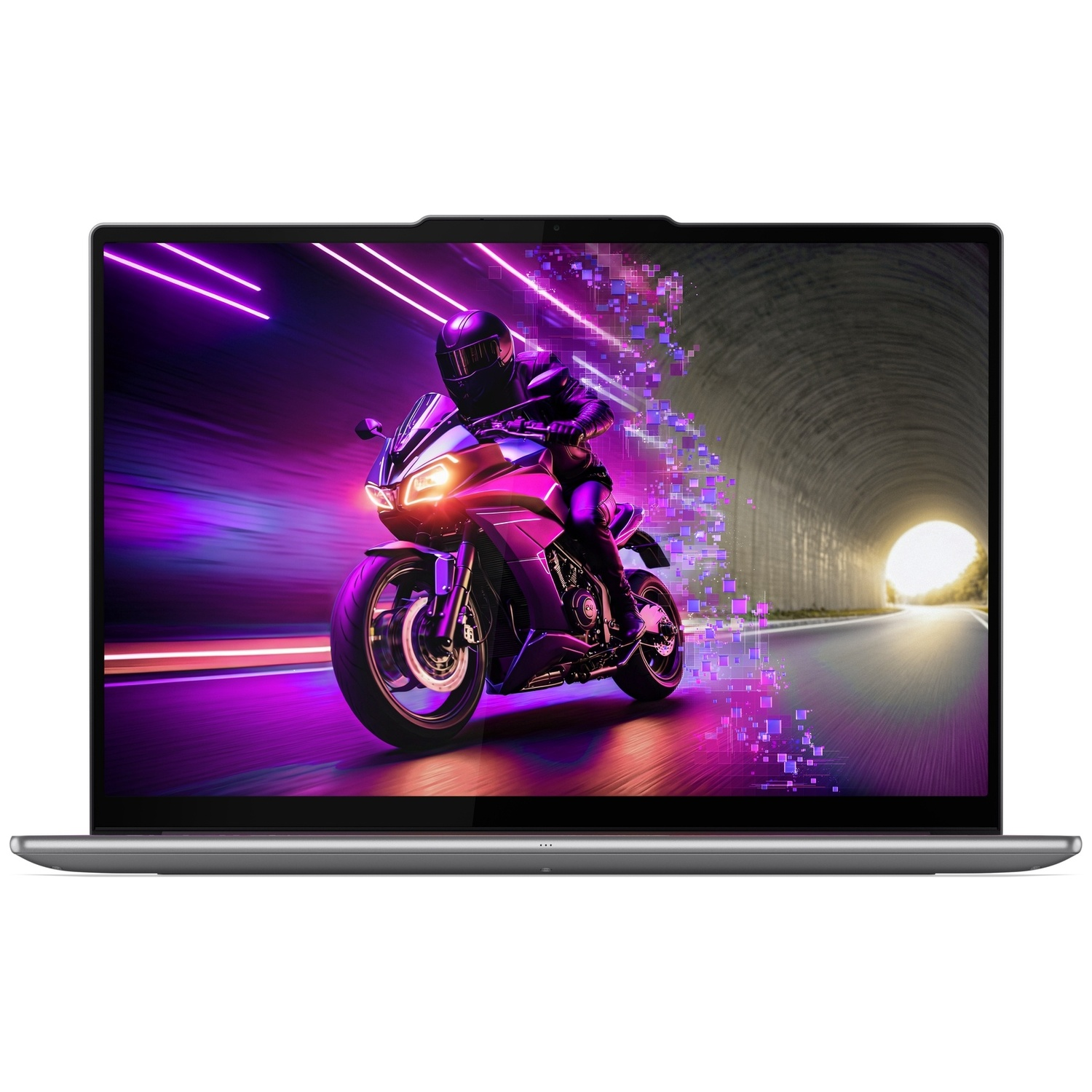 Écran d'ordinateur portable affichant un motard dans un tunnel avec des néons violets.