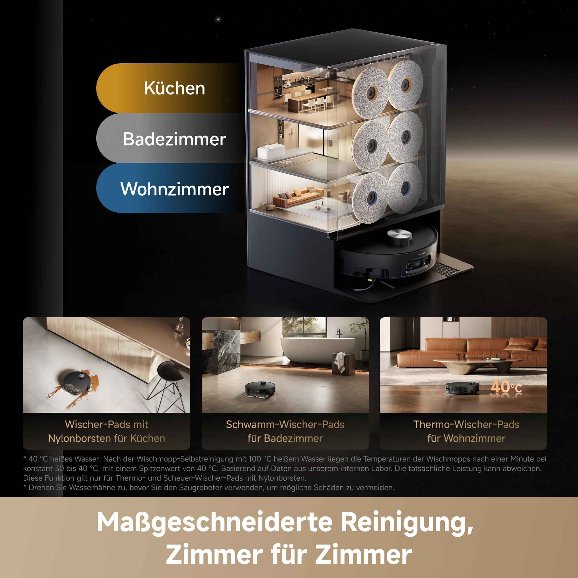 Roboterreiniger mit verschiedenen Wischpads für Küche, Bad und Wohnzimmer.