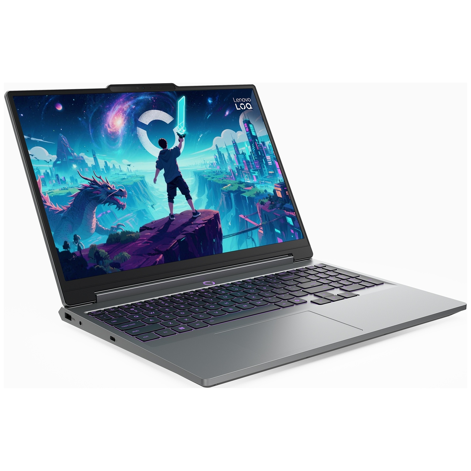 Een laptop met een levendig fantasyscherm met een draak en een krijger.