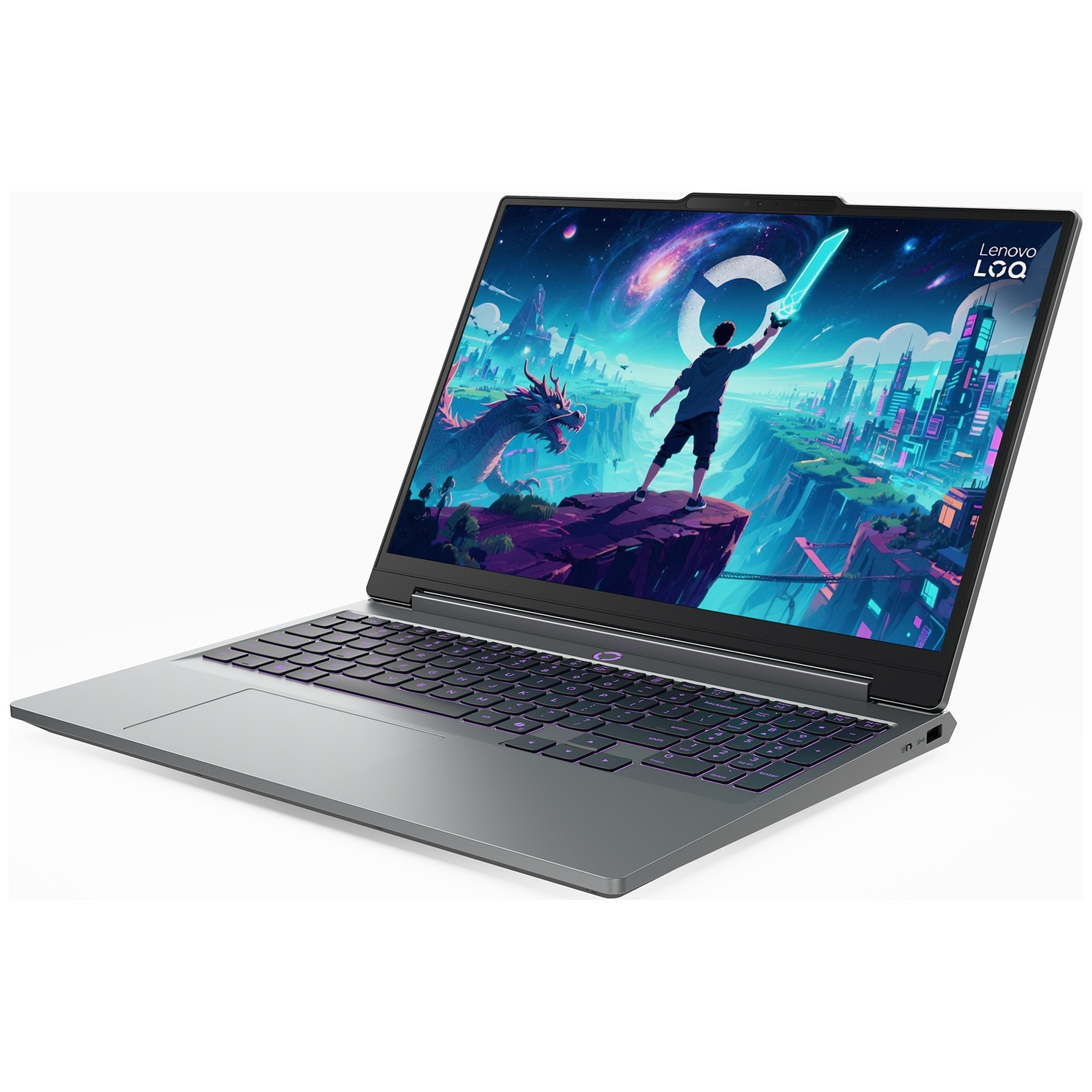Laptop met levendige fantasy-kunst, een draak en een persoon met een gloeiend zwaard.