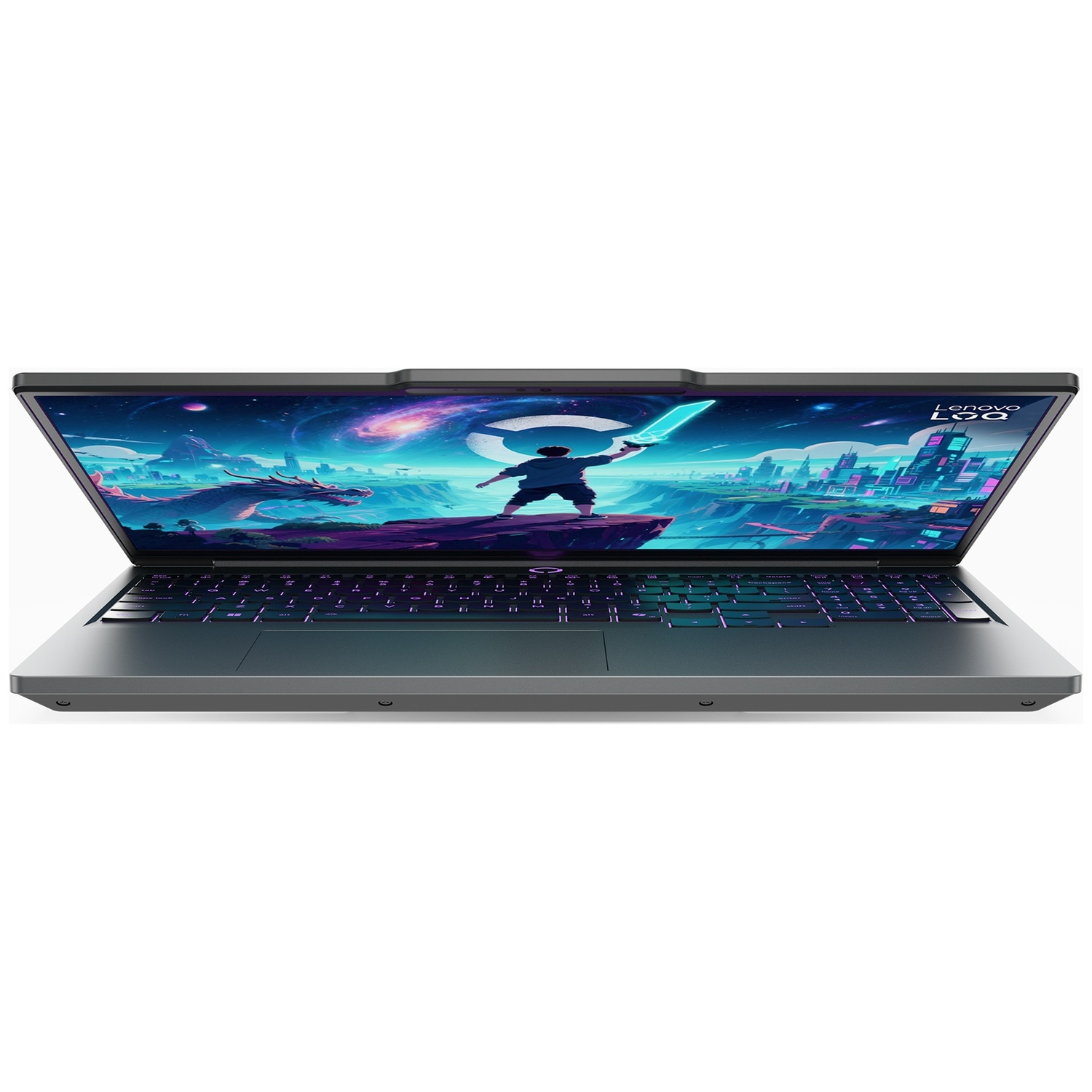 Open laptop met een levendige fantasy-scène met een draak en een krijger.
