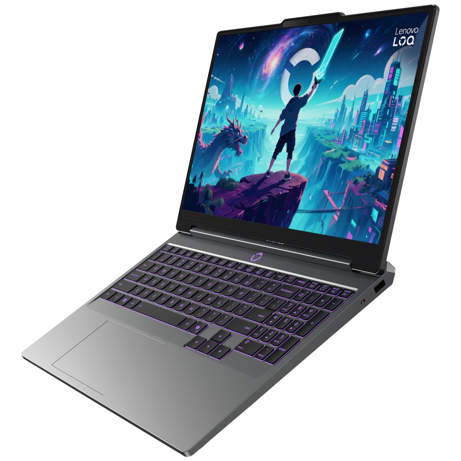 Een grijze Lenovo laptop toont een levendige fantasyscène met een draak en een krijger.