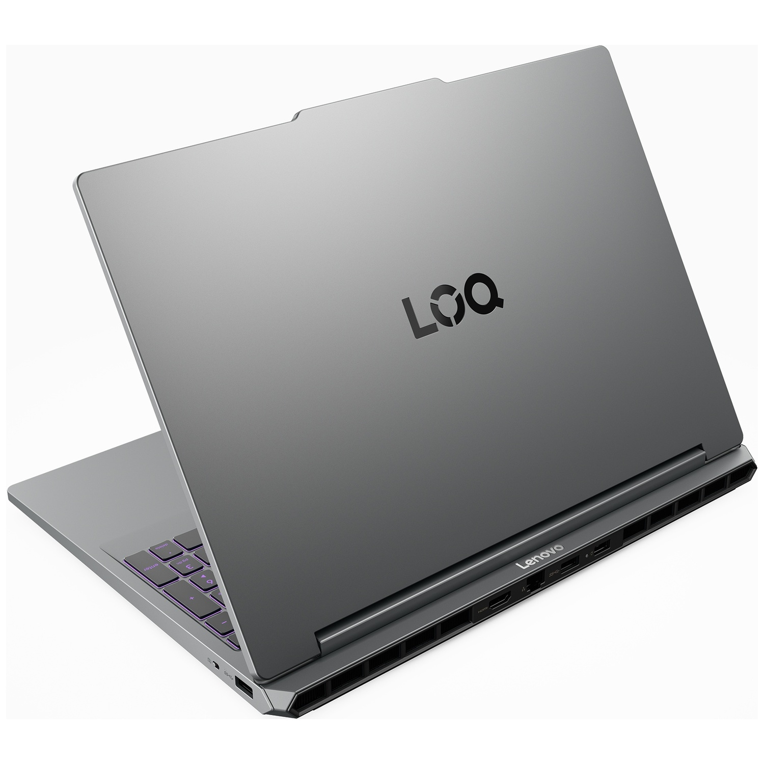 Een grijze Lenovo LOQ laptop is schuin getoond, met het deksel open, waardoor paars verlichte toetsen zichtbaar zijn.