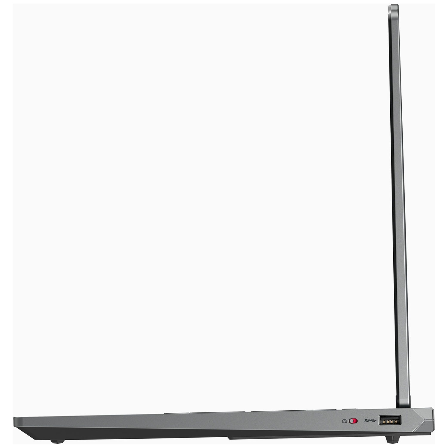 Zijaanzicht van een slanke grijze laptop met USB-poorten.