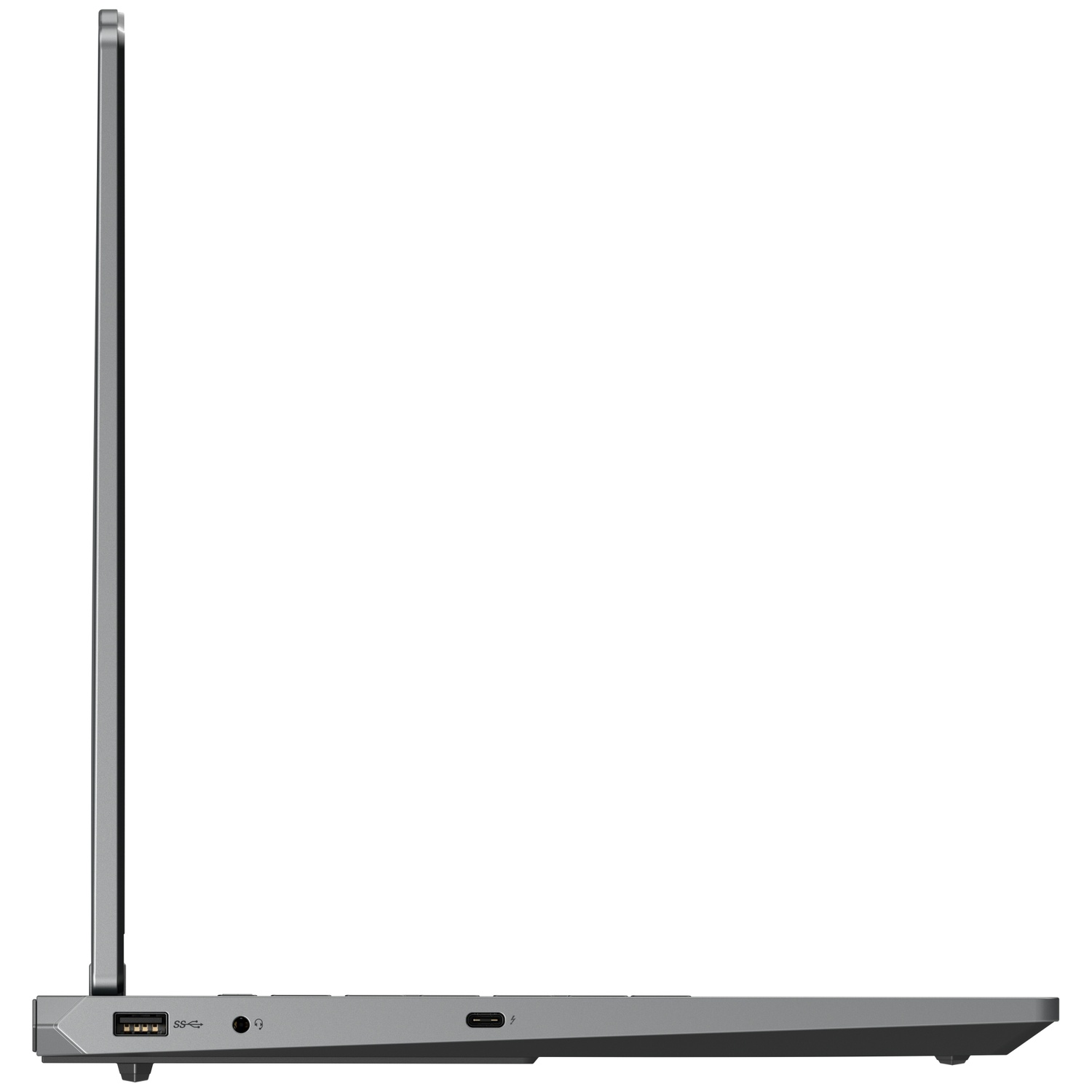 Grijs laptop-zijprofiel met USB-A, hoofdtelefoon en USB-C poorten.