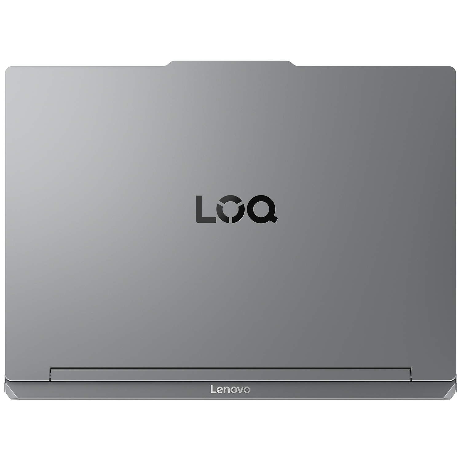 Gesloten grijze laptop met LOQ-logo en Lenovo-merk.