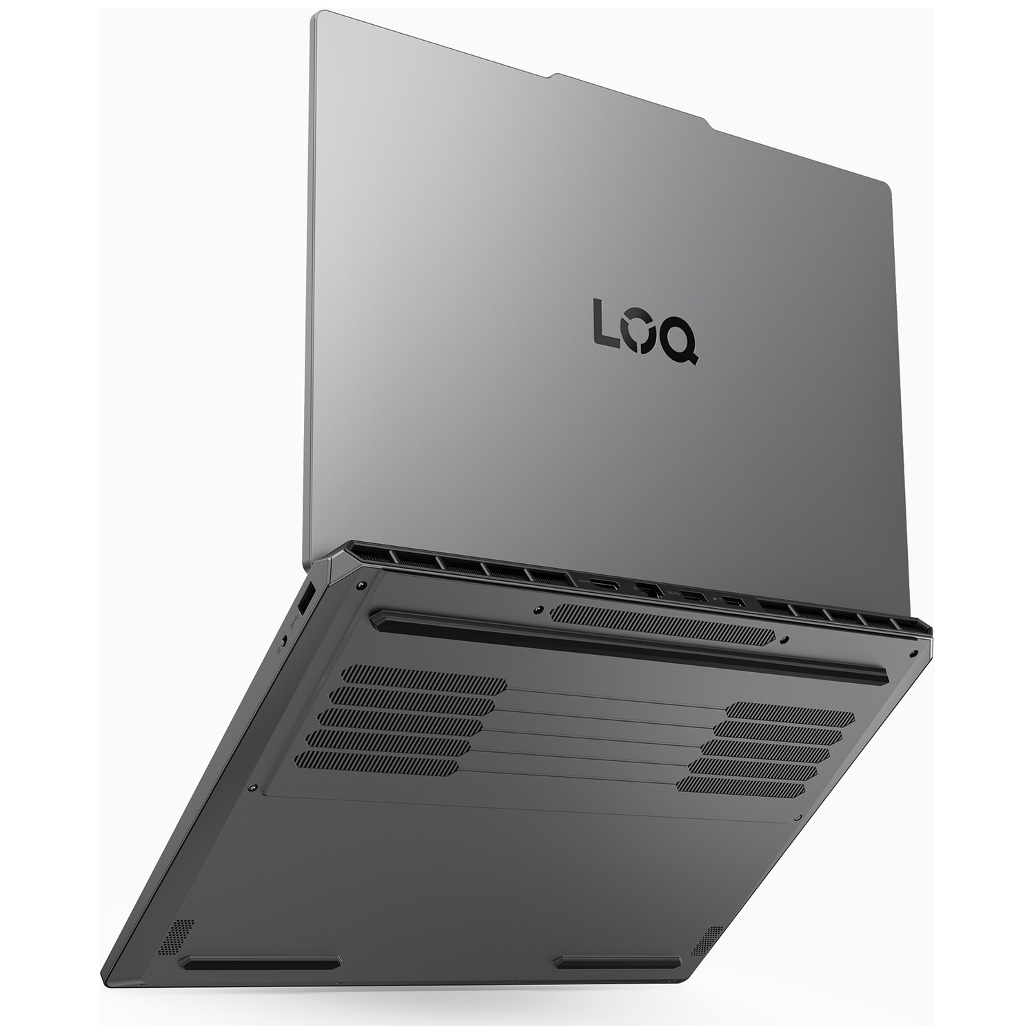 Grijze laptop, open, met zwarte basis en ventilatiesleuven.