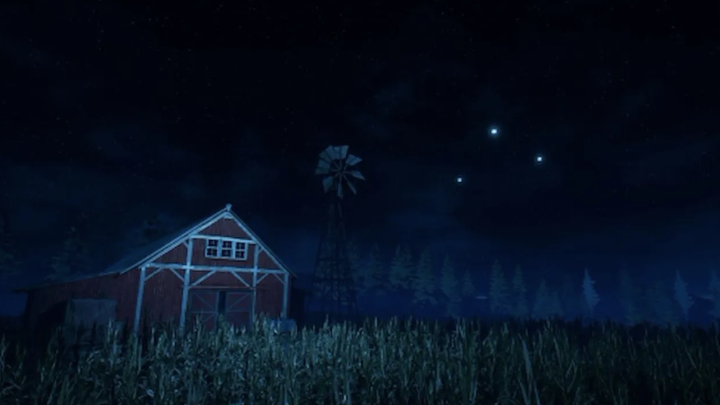 Rote Scheune mit Windrad auf einem Feld bei Nacht, drei Lichter am Himmel.