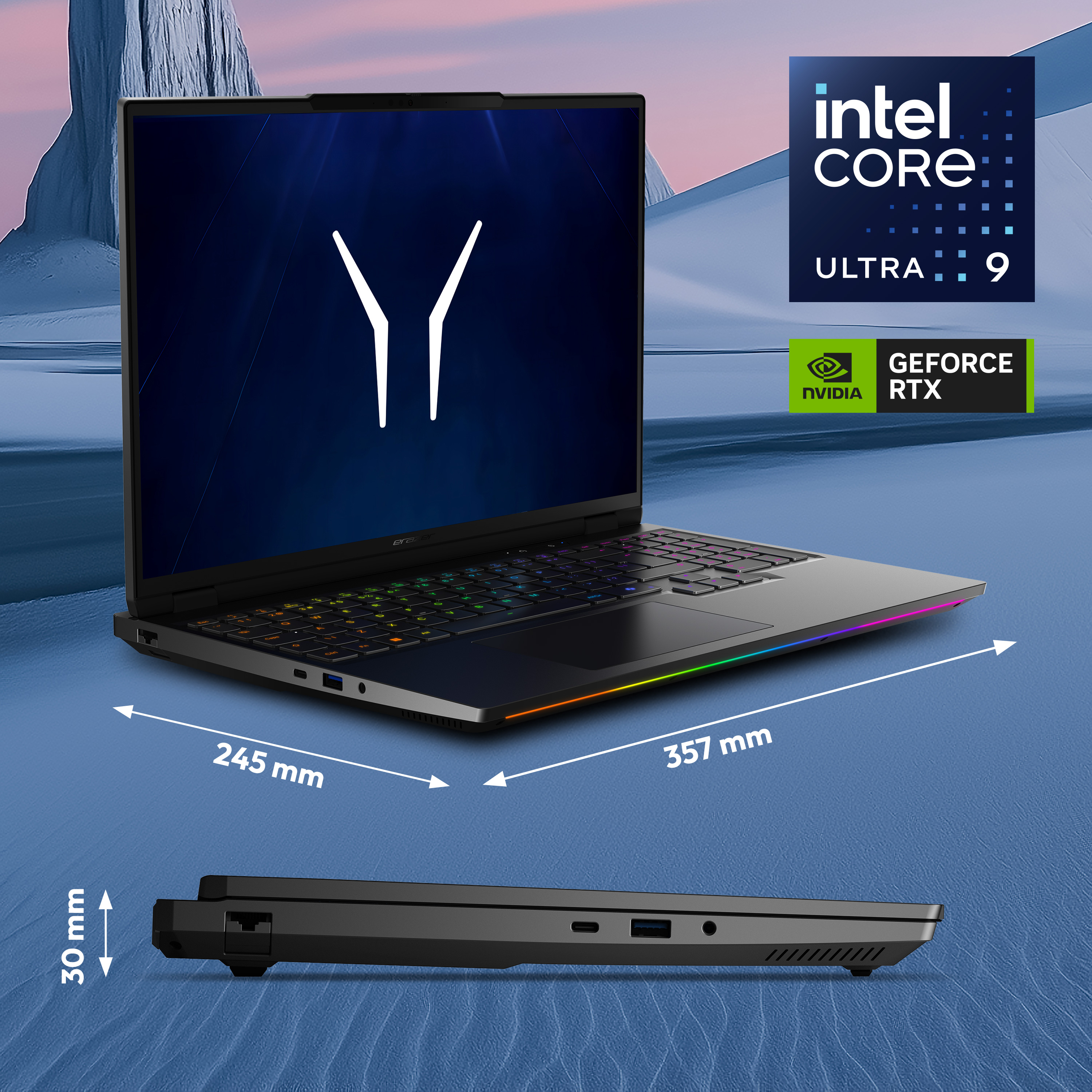 Schwarzer Laptop mit Intel Core Ultra 9 und Nvidia RTX. Maße 357x245x30mm.
